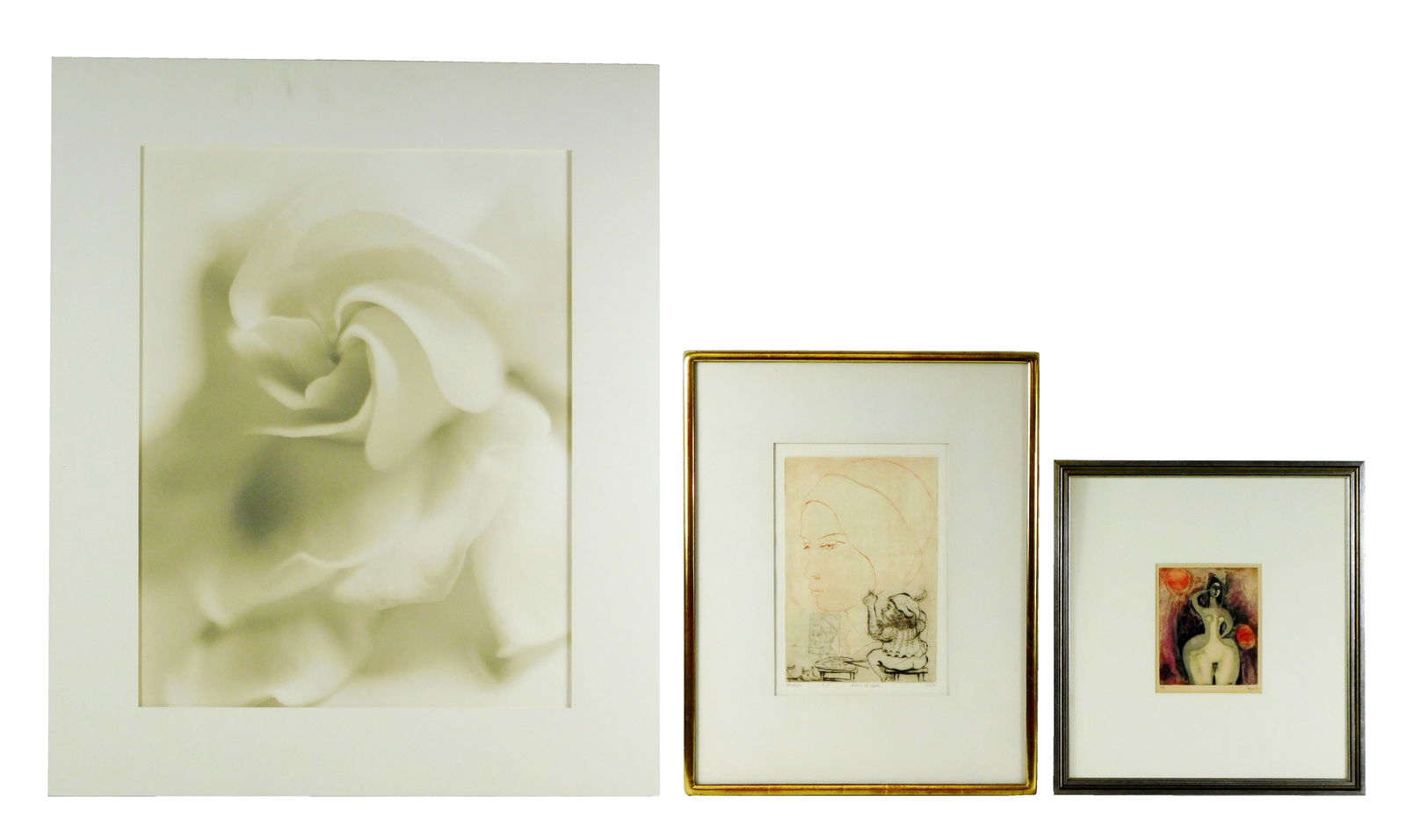 Three 20th C. etchings and print, all signed and framed behind glass, including: Sandi Fellman: Three 20th C. etchings and print, all signed and framed behind glass, including: Sandi Fellman (American, b. 1952), “Gardenia II”, framed sepia-toned gelatin silver print, 1997, soft-toned det