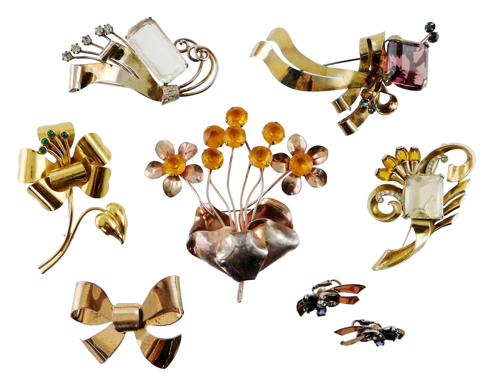 STERLING: Napier, Mazer, etc., six Mid-Century Modern themed brooches and a pair of earrings, many: STERLING: Napier, Mazer, etc., six Mid-Century Modern themed brooches and a pair of earrings, many oversized, all stamped sterling on reverse, pieces include: Napier vermeil bow brooch; Mazer floral a
