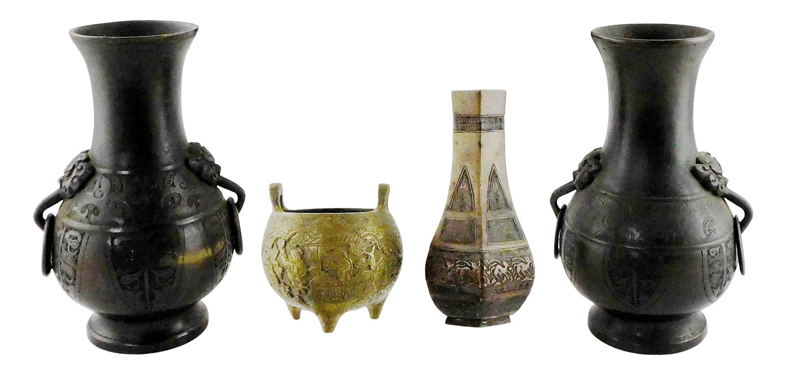 ASIAN: Four Chinese metalware vessels, late 19th -20th C., including: pair of bronze vases with (1 of 5)