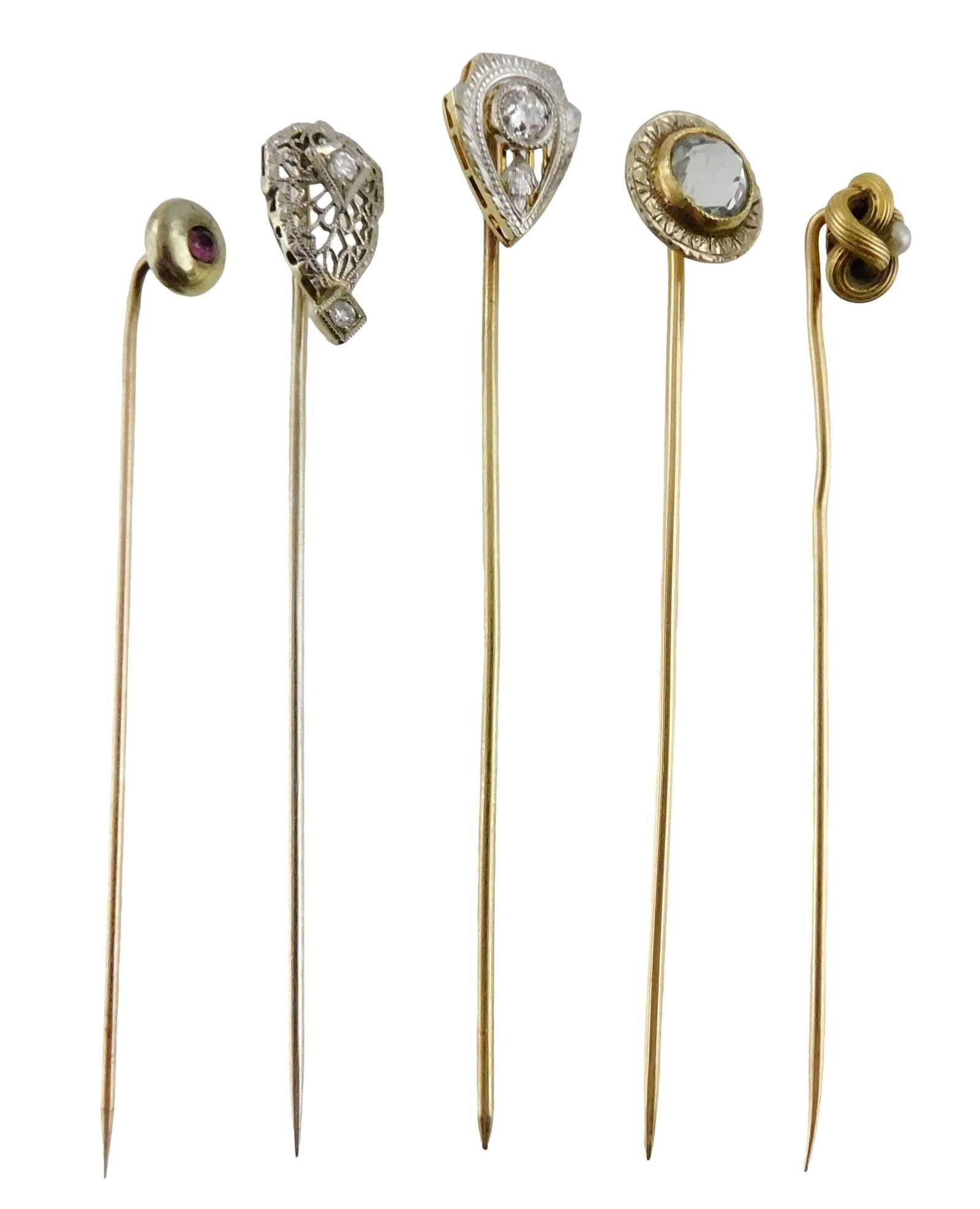 JEWELRY: Five 14K stick pins: three mounted with clear faceted stones appearing to be diamonds; one (1 of 5)
