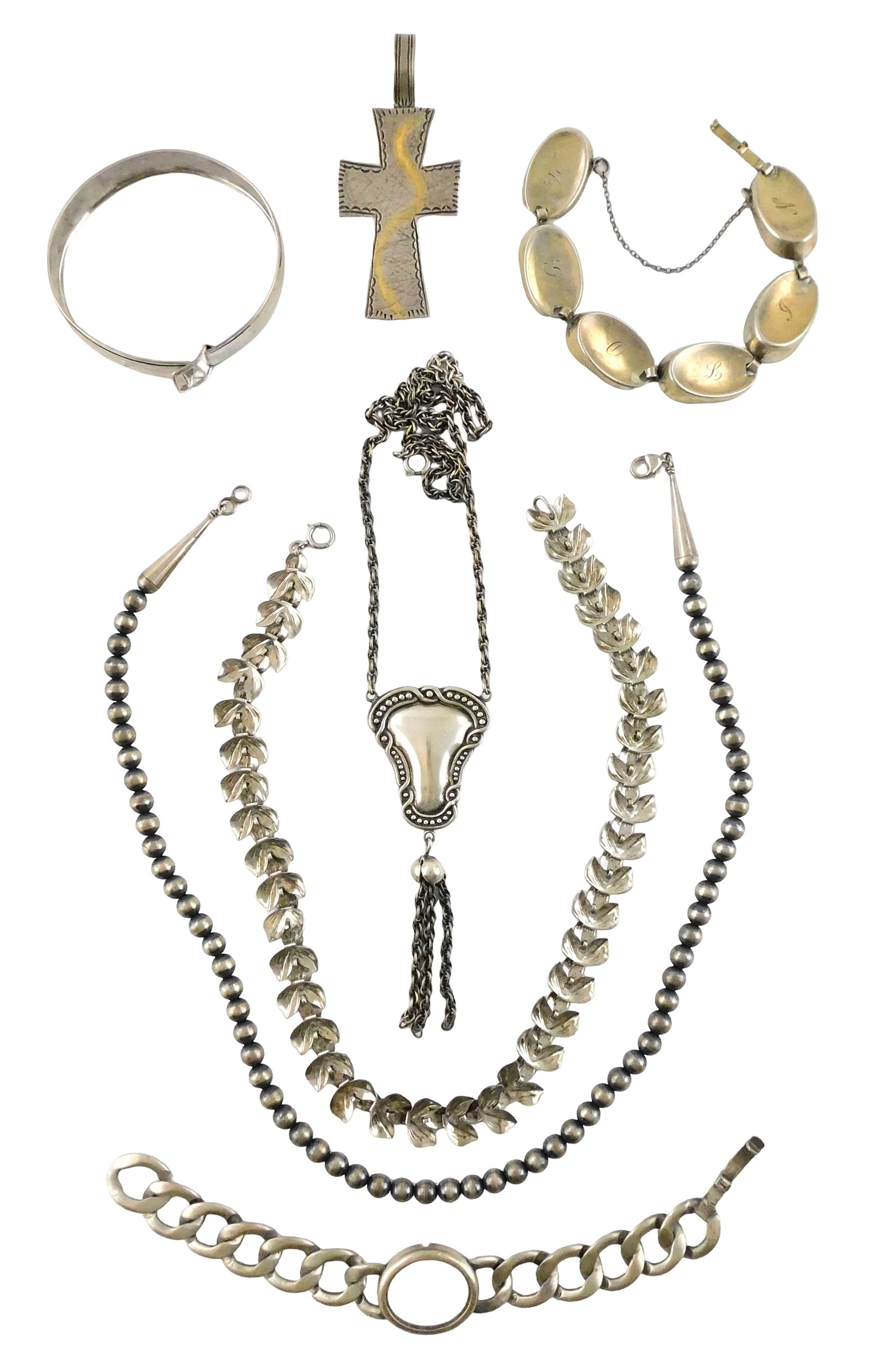 STERLING: Monet, Napier, Hayward, etc., seven pieces of sterling silver jewelry, all stamped,: STERLING: Monet, Napier, Hayward, etc., seven pieces of sterling silver jewelry, all stamped, including: Monet oval link bracelet with etched monogram to each link, with safety chain; Napier pendant n