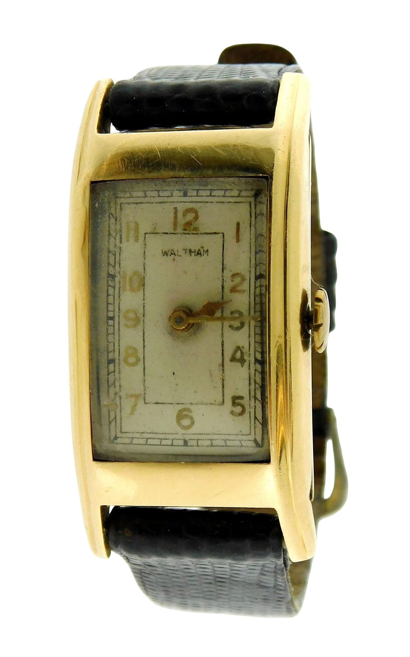 JEWELRY: 14K Waltham gold wrist watch, stamped "14K Solid Gold" on reverse, square face, leather (1 of 4)