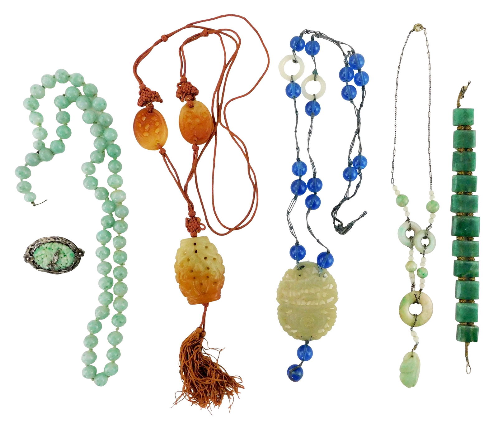 ASIAN: Carved hardstone jewelry, six pieces, appear to be jade type and/ or quartz, items include: (1 of 2)