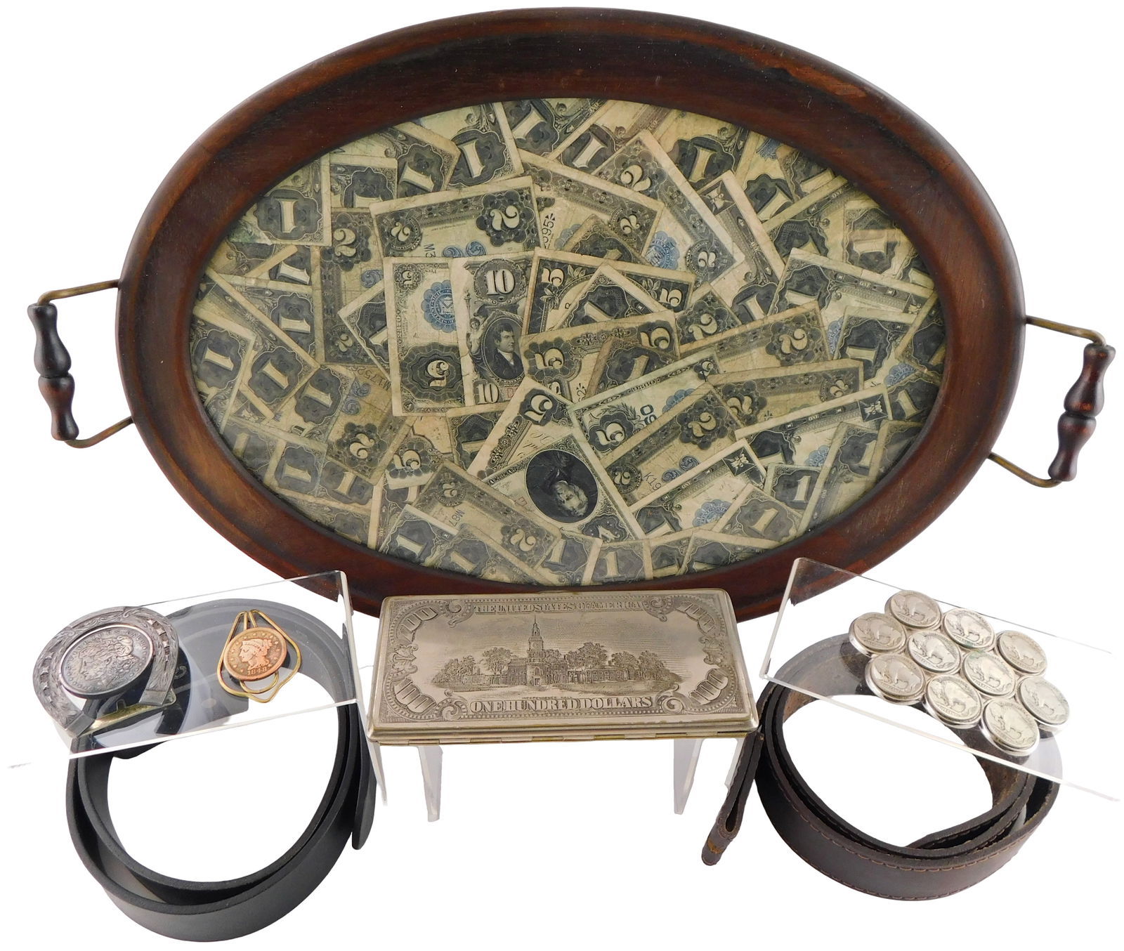 CURRENCY: Five currency themed pieces, details include: display tray with segments of $1, $2, $5 and: CURRENCY: Five currency themed pieces, details include: display tray with segments of $1, $2, $5 and $10 silver note and other bills; belt with cluster of ten buffalo nickels on buckle; belt with 1921