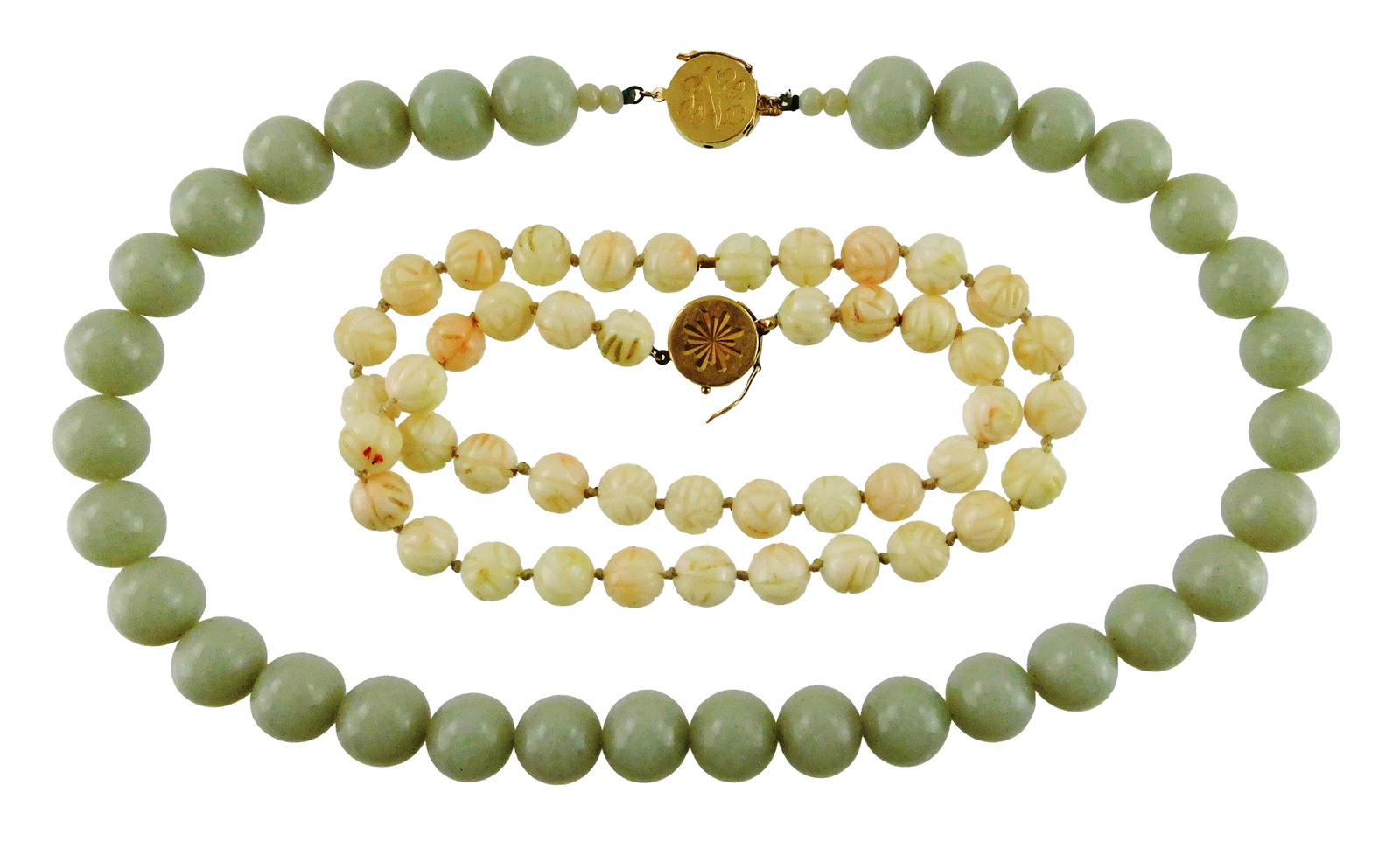 JEWELRY: Two beaded necklaces with 14K clasps, one Jade type and one carved coral, both stamped 14K, (1 of 5)
