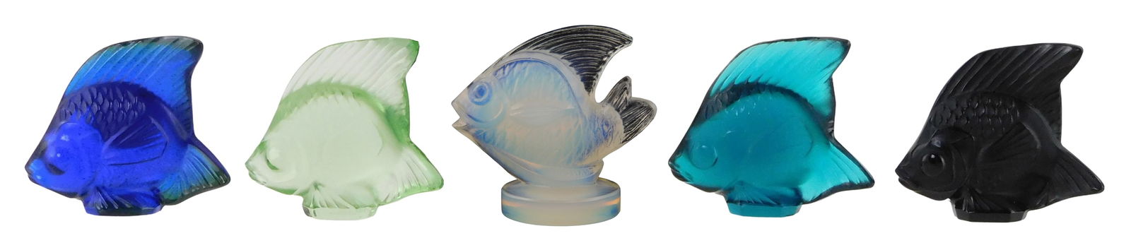 ART GLASS: Five Lalique and other colored fish, all signed, including: four Lalique crystal fish in: ART GLASS: Five Lalique and other colored fish, all signed, including: four Lalique crystal fish in colors of light green, dark blue, teal and black; and one Sabino opaline glass fish, opaque white wi