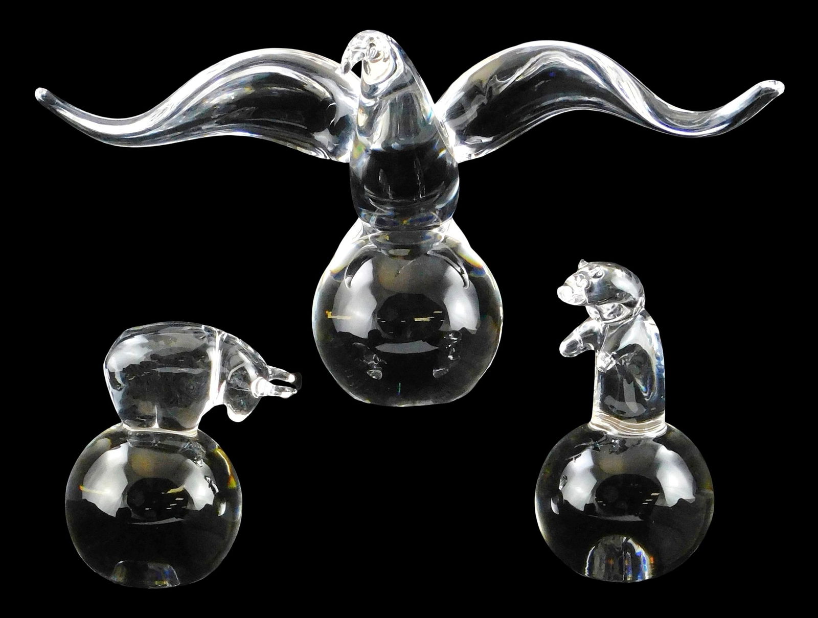ART GLASS: Steuben animals perched on solid balls, three total: bird with outstretched wings, (1 of 4)