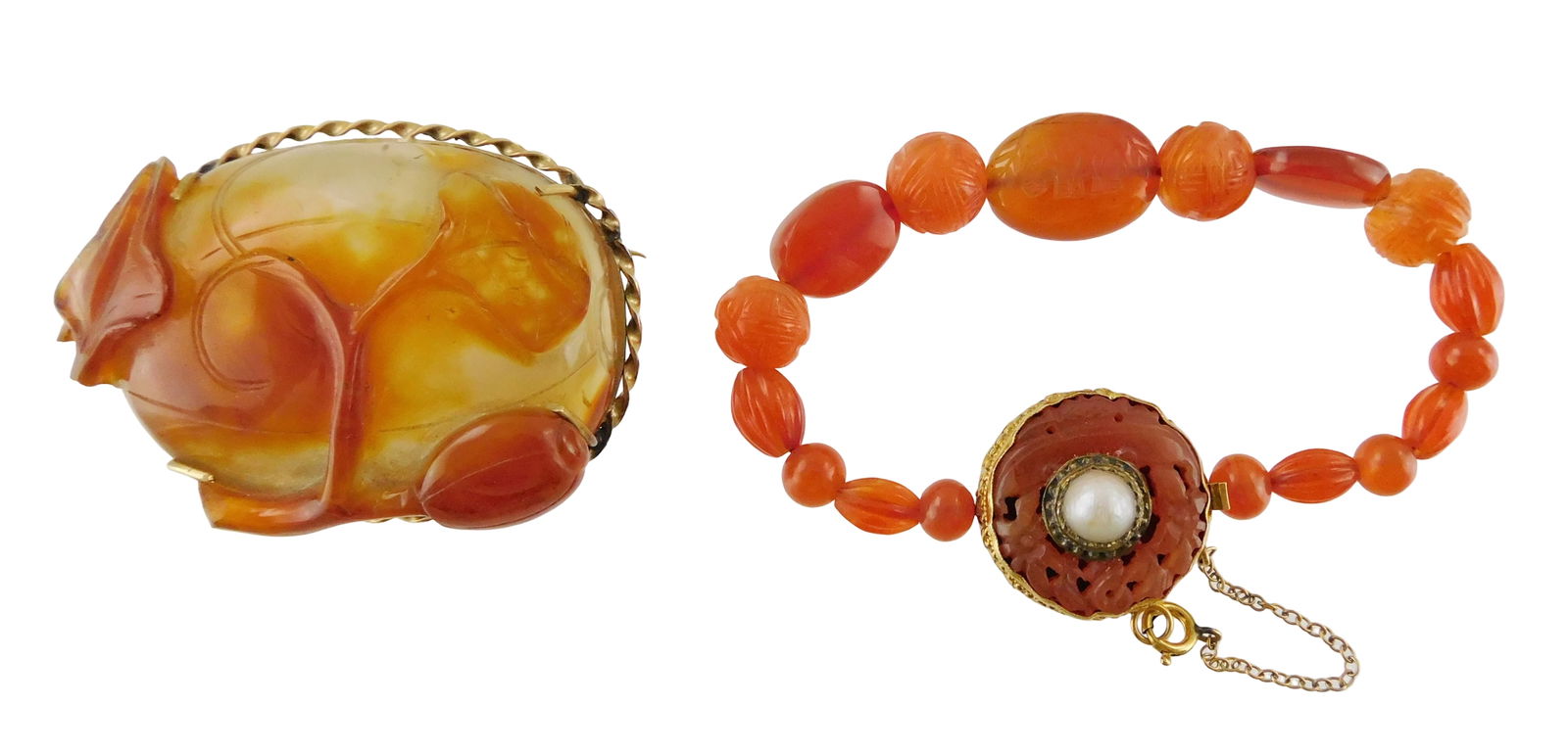 ASIAN JEWELRY: 14K Brooch and bracelet with carved carnelian type hardstone insets, Chinese, details: ASIAN JEWELRY: 14K Brooch and bracelet with carved carnelian type hardstone insets, Chinese, details include: carved and etched beaded bracelet, stamped and tested 14K clasp with safety chain inset wi