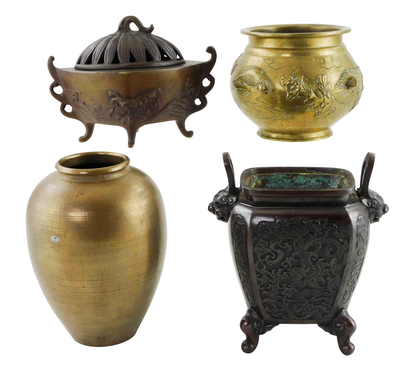 ASIAN: Four metalware vessels, late 19th -20th C., including: Japanese navette form censor with (1 of 5)
