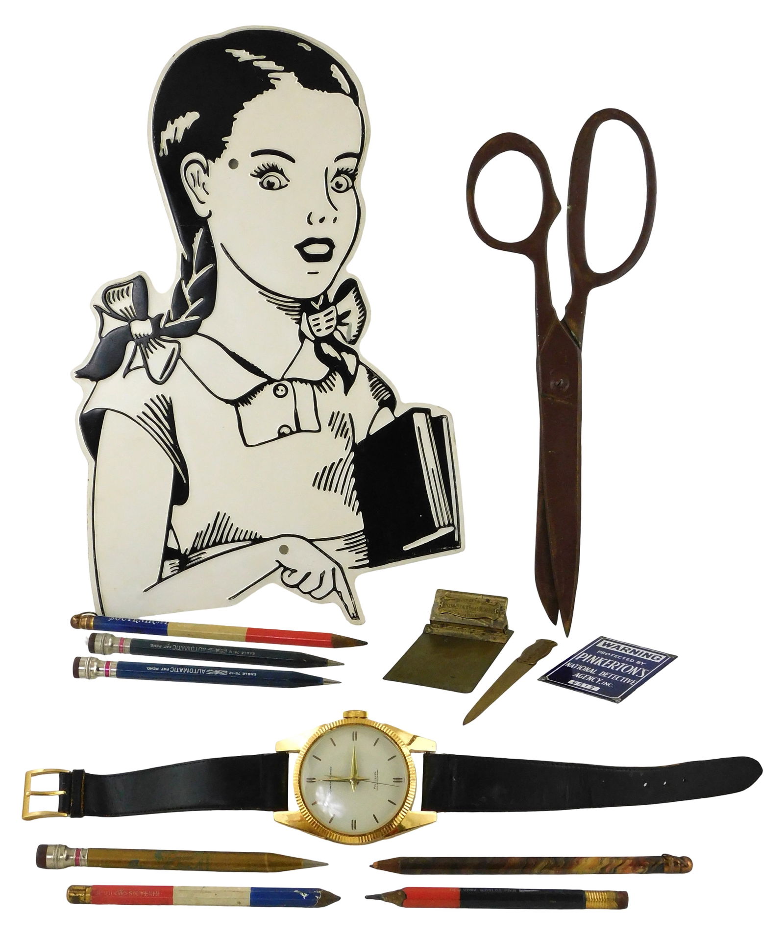 ADVERTISING: Advertising signs, wall hangers, pencils and more, late 19th-20th C., including: Large: ADVERTISING: Advertising signs, wall hangers, pencils and more, late 19th-20th C., including: Large metal sign, 40's-50's stye, painted, displays girl holding books and pointing down, 25 1/8" h. x 16"