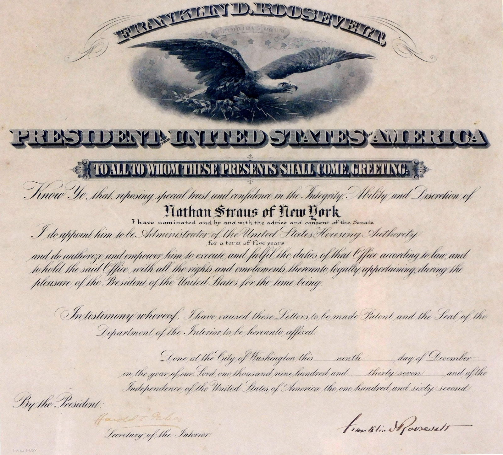 EPHEMRA: FDR signed presidential appointment certificate, 1937, framed behind glass, appointing (1 of 3)