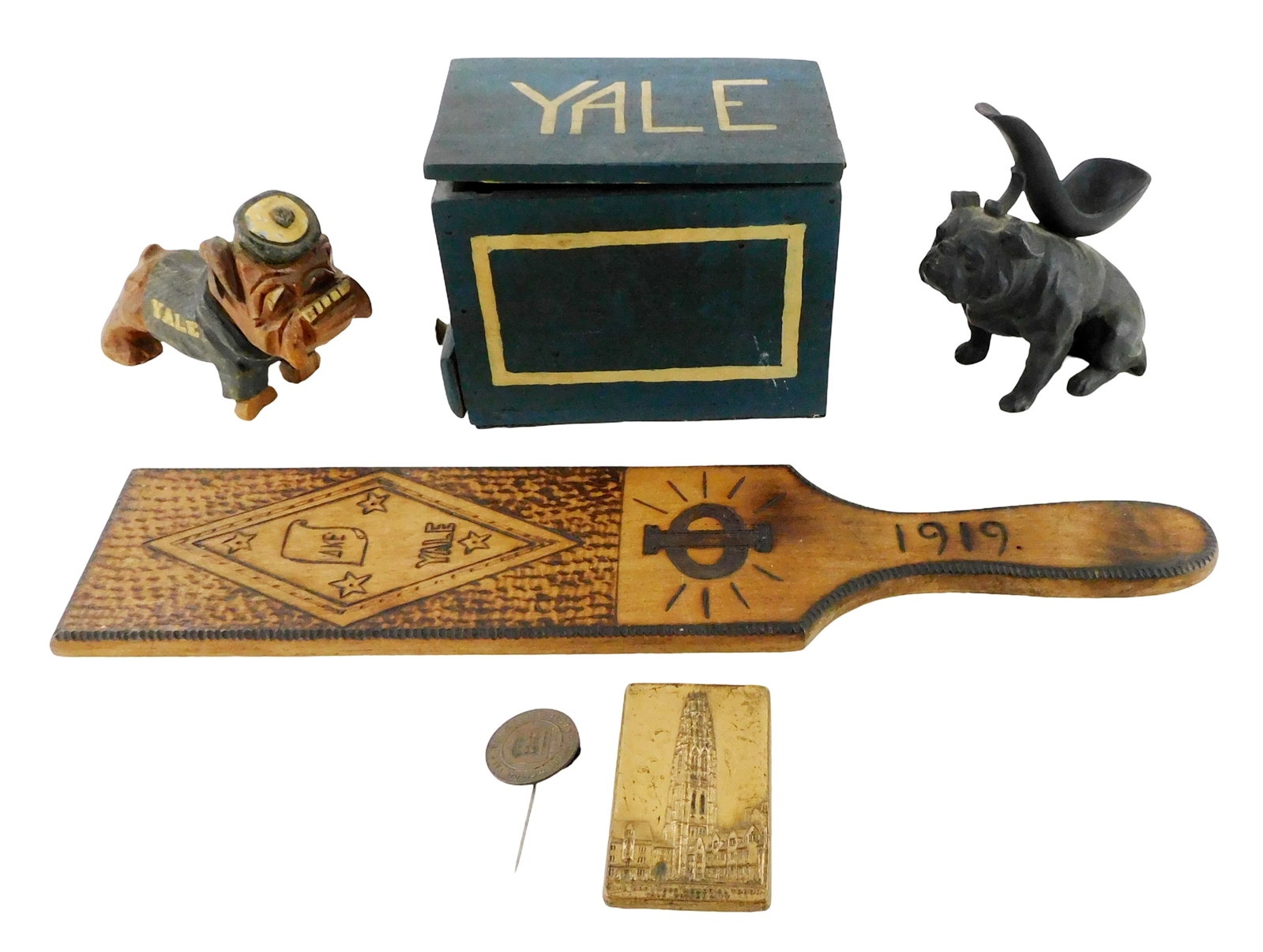 Yale University memorabilia, United States, first half 20th C., including: Delta Kappa Epsilon: Yale University memorabilia, United States, first half 20th C., including: Delta Kappa Epsilon fraternity paddle, 1919, hand-made paddle with burned designs including fraternity and college symbols an