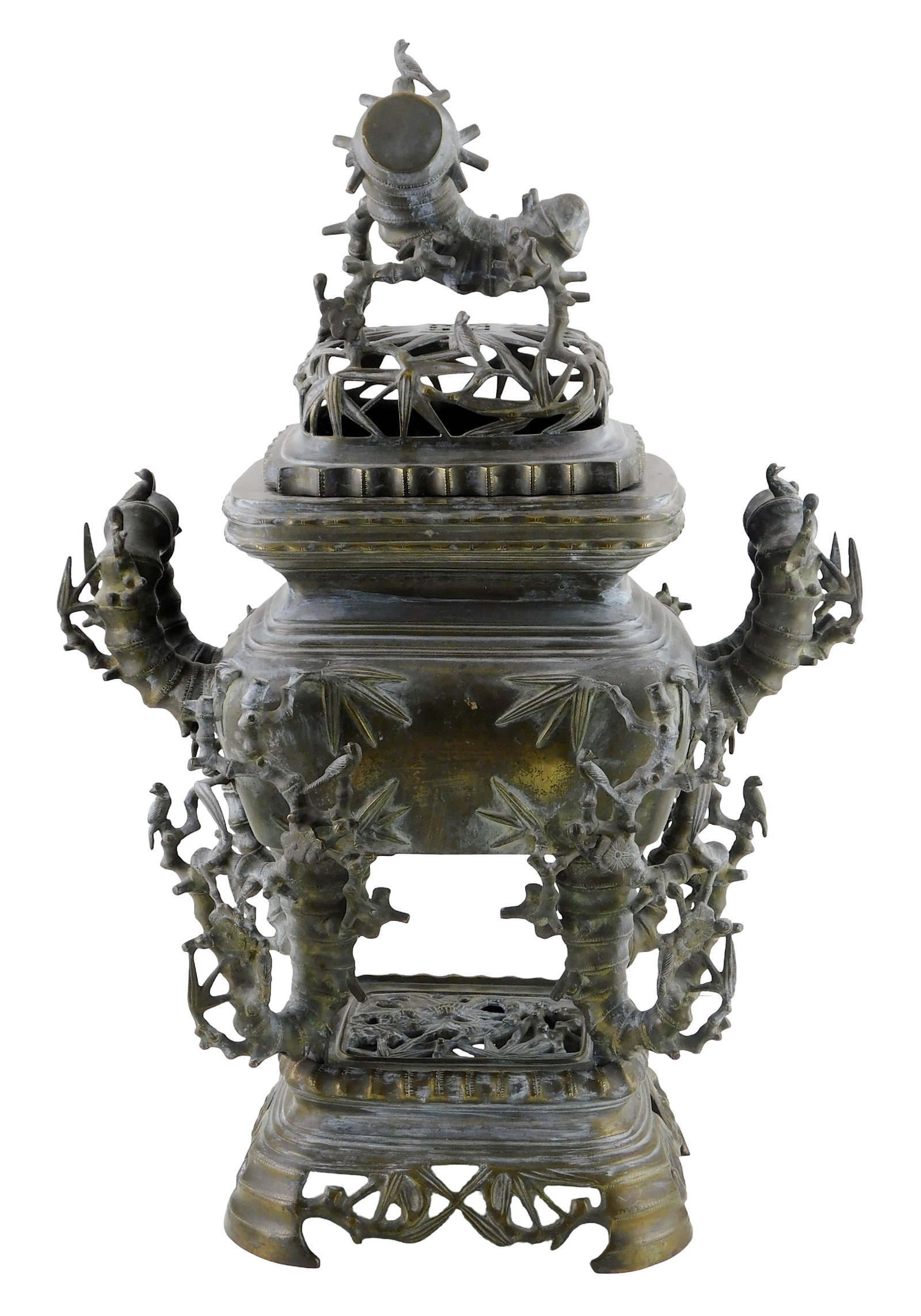 ASIAN: Large bronze censor/ incense burner, late 19th C., three-part censor with base, body and lid, (1 of 3)