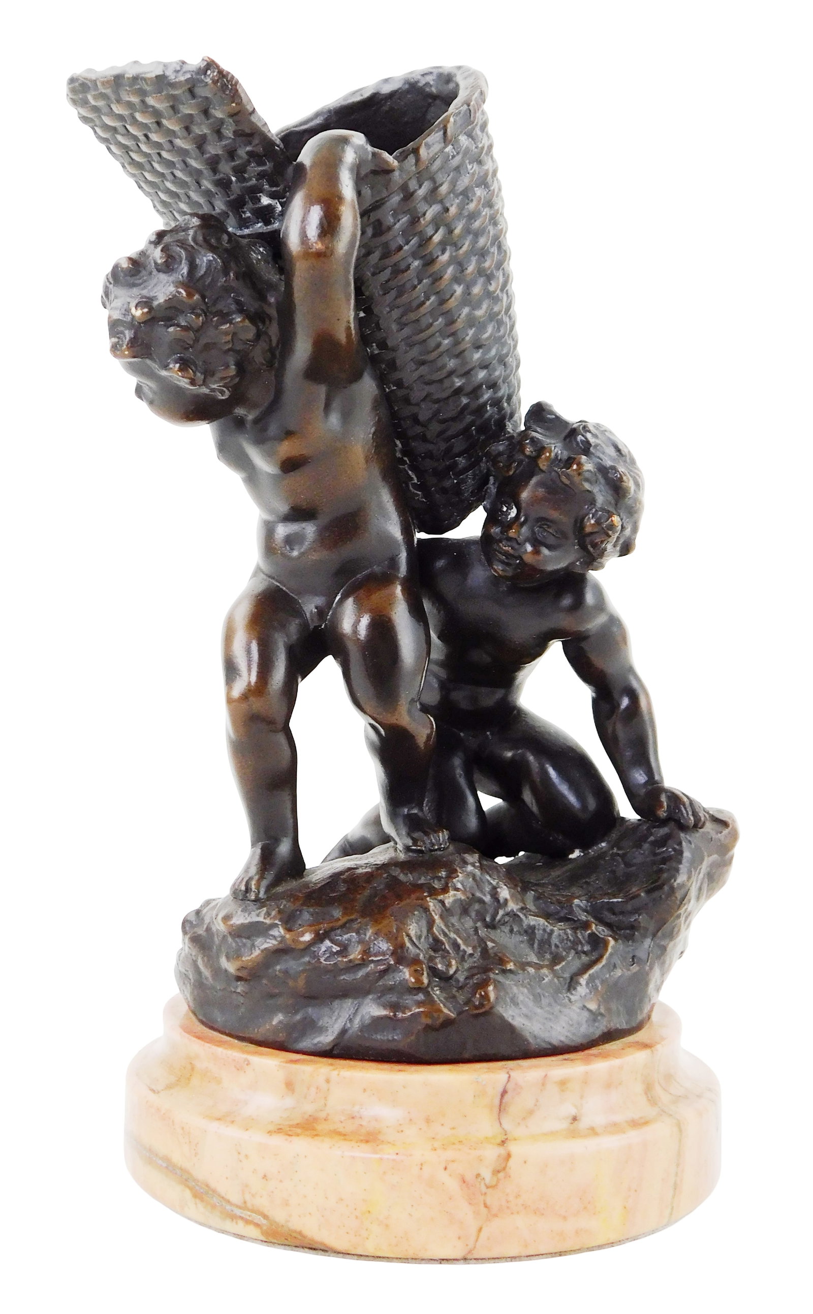 Bronze figural match safe on marble base, Art Nouveau style in the manner of Ernest Louis Barrias: Bronze figural match safe on marble base, Art Nouveau style in the manner of Ernest Louis Barrias (French, 1841-1905), depicts two putti or children carrying and basket, perched on top of rock, pink m