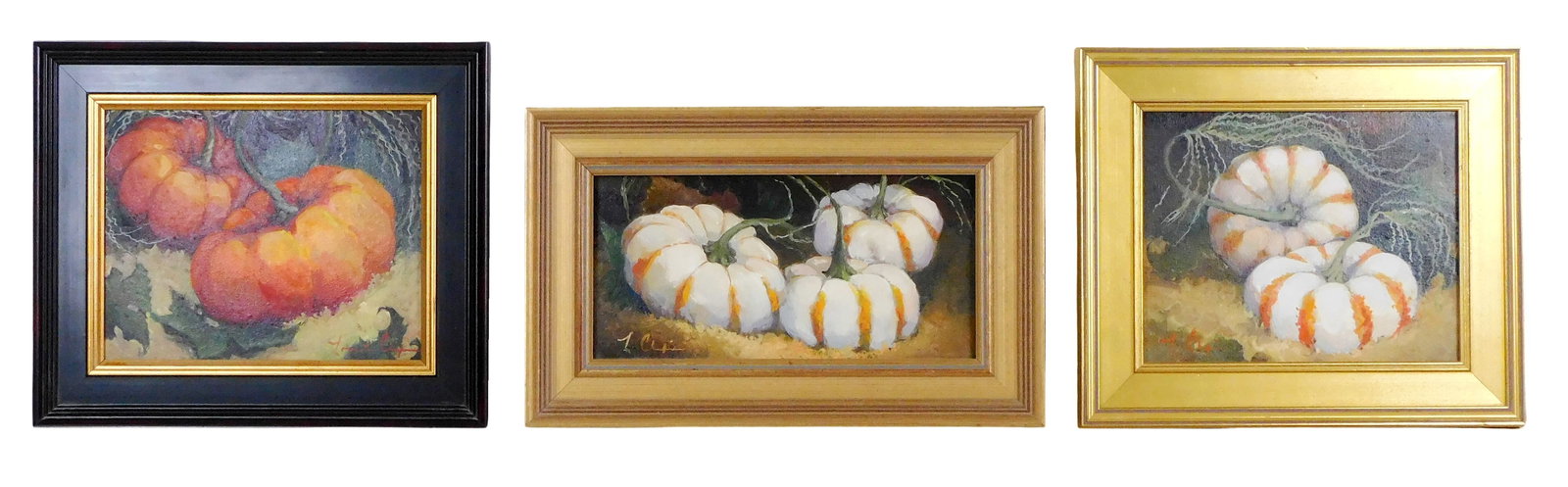 +Lorraine Skelskey Chapin (American, 20th C.) three oils, all portraying pumpkins, "Red Pumpkins" ss (1 of 5)