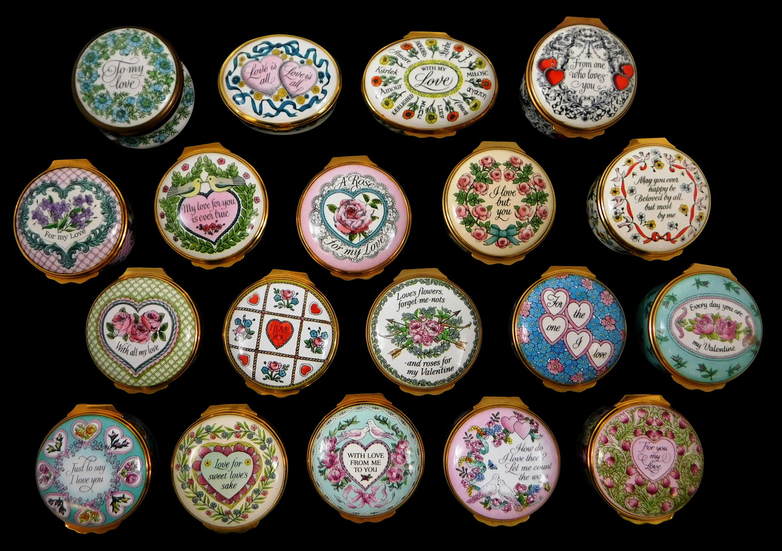 Nineteen annual St. Valentine's Day enamel trinket boxes, Bilston and Battersea and Halcyon Days (1 of 4)