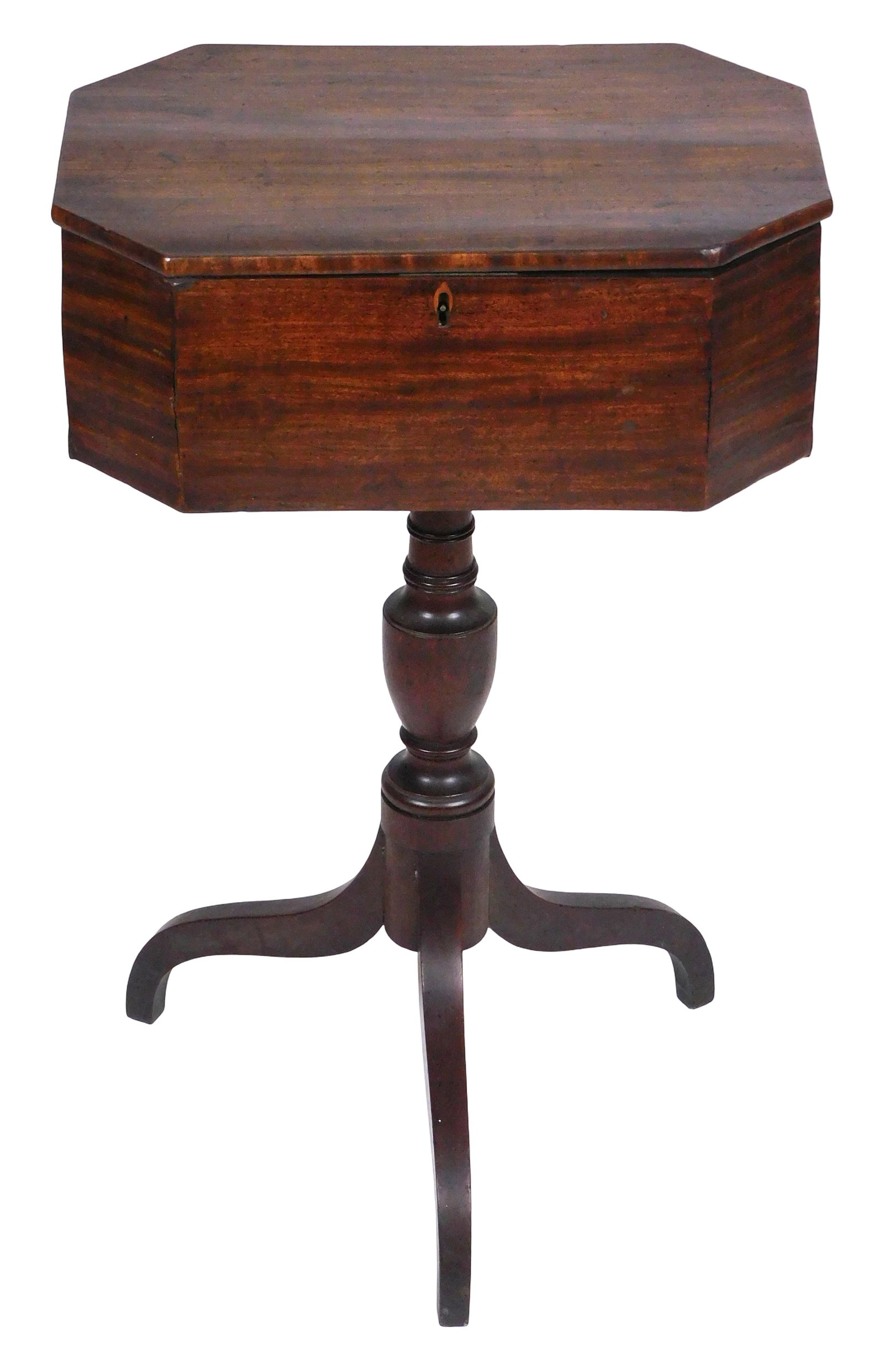 19th C. sewing stand, elongated octagonal surface and compartment with hinged lid, interior with (1 of 6)