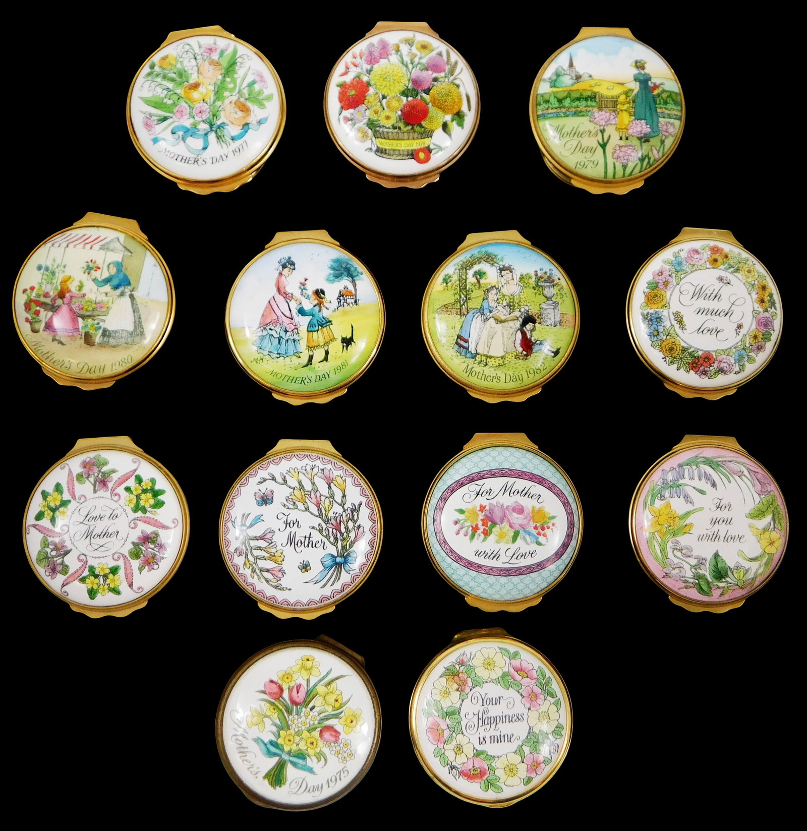 Thirteen Halcyon Days annual Mother’s Day enamel trinket boxes, 20th C., England, including the (1 of 5)