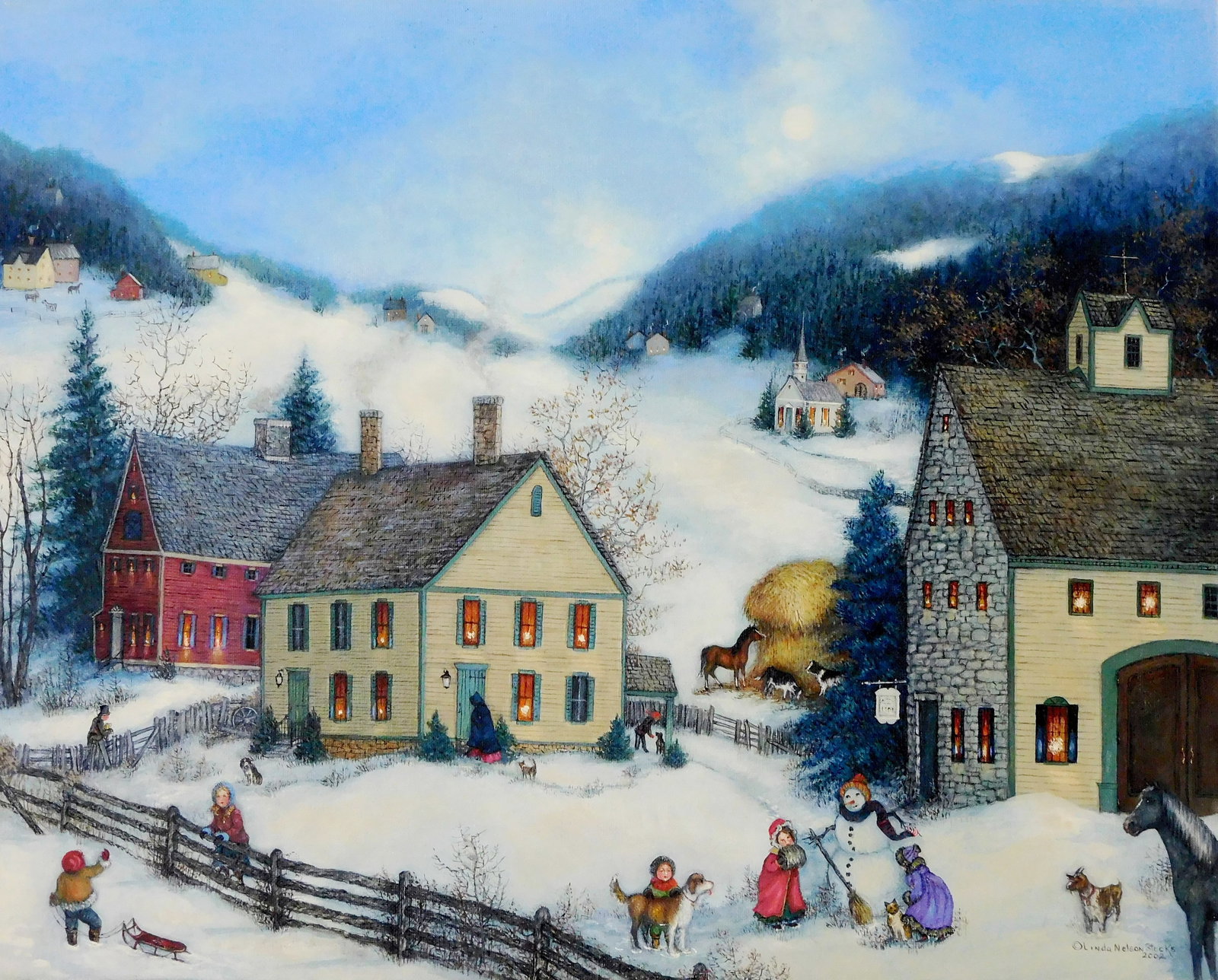 Linda Nelson Stocks (American, 1938-2011), “Winter Fun in Village??, 2002, oil on archival (1 of 4)