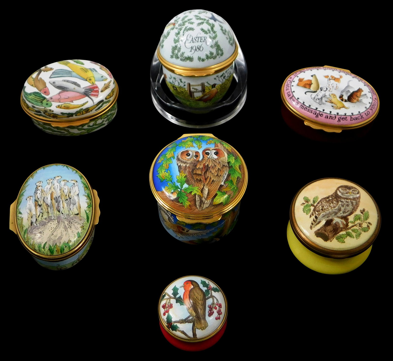 Seven animal themed enamel trinket boxes, Halcyon days and Bilston and Battersea, 20th C., England, (1 of 3)