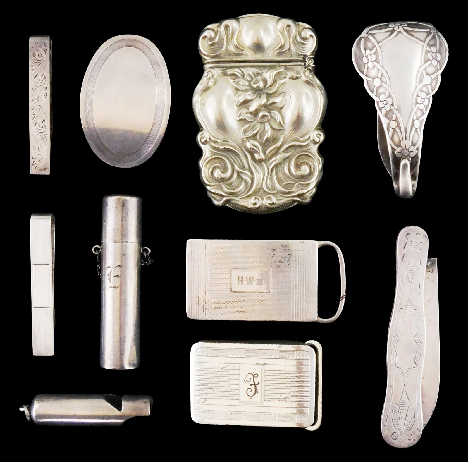 STERLING: Tiffany & Co., etc., ten sterling silver accessories, all stamped sterling, pieces (1 of 3)