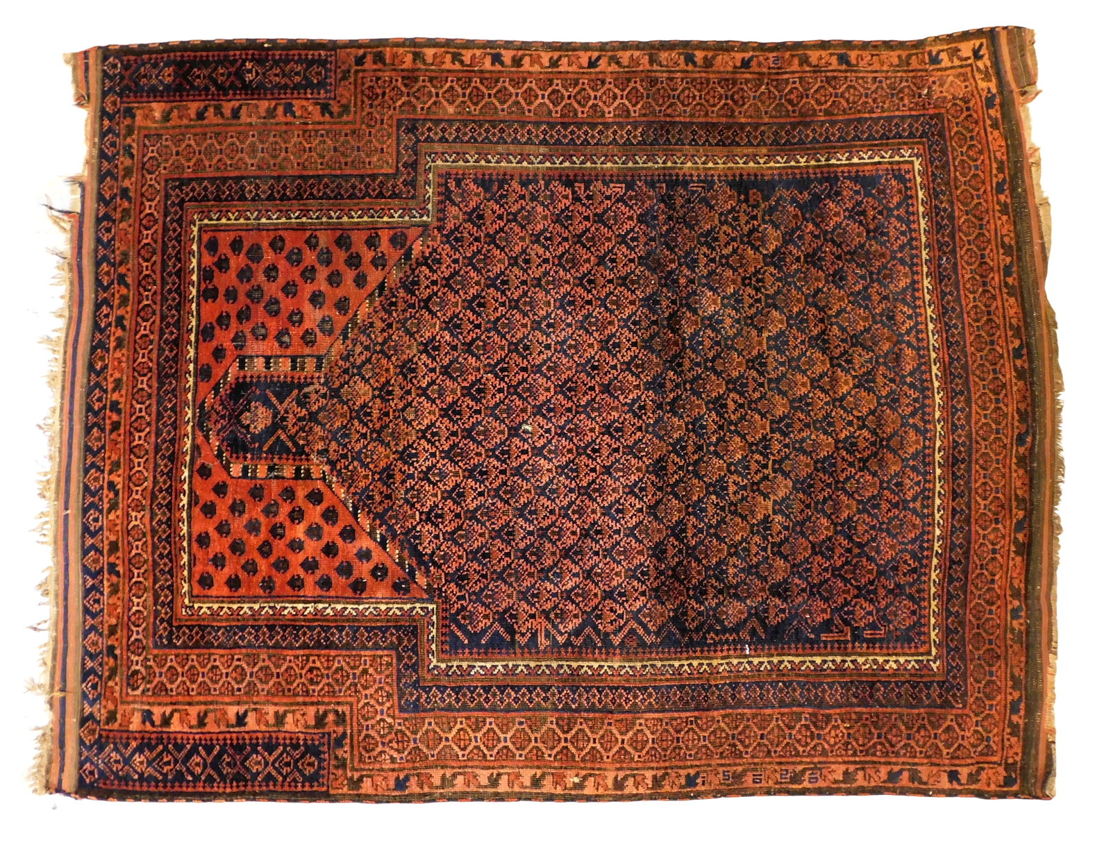 RUG: Antique Baluchistan prayer rug, 4' 6" x 3' 6", wool on wool, finely woven, blue ground, rust (1 of 4)