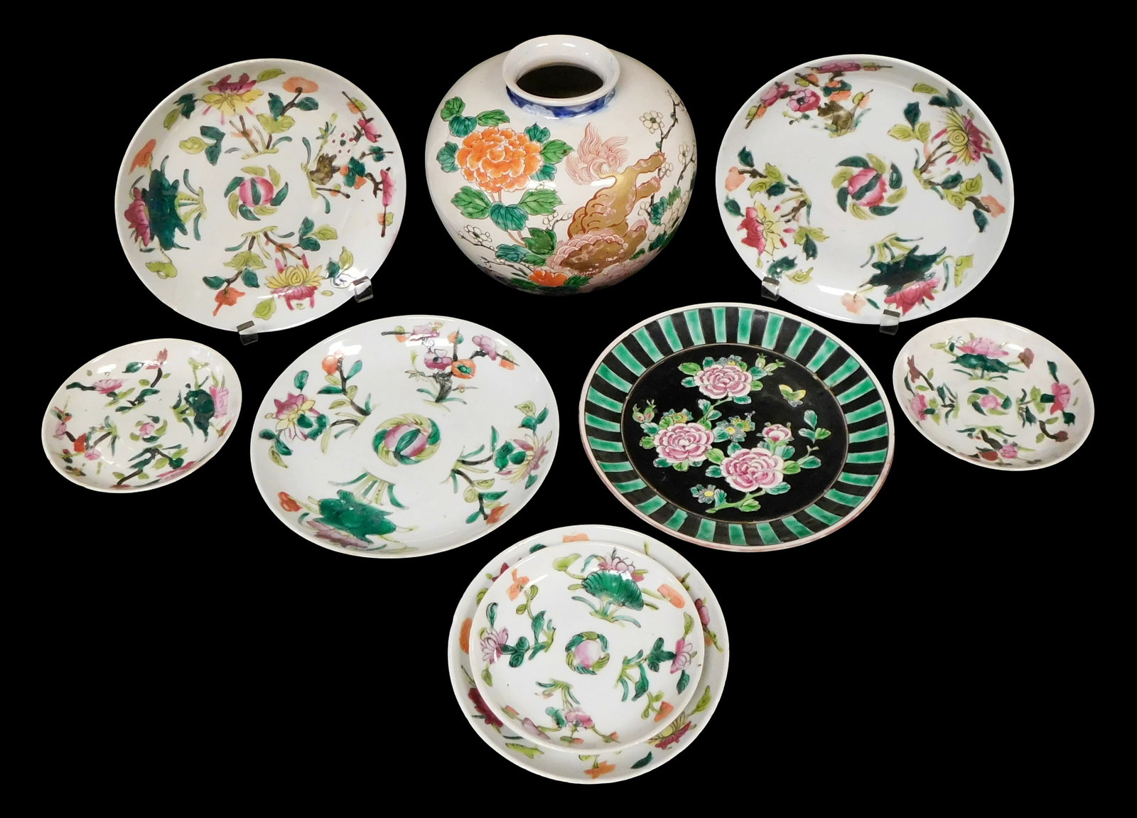 ASIAN: Chinese Famille Rose ceramics including vase and plates, nine pieces total, details include: (1 of 3)