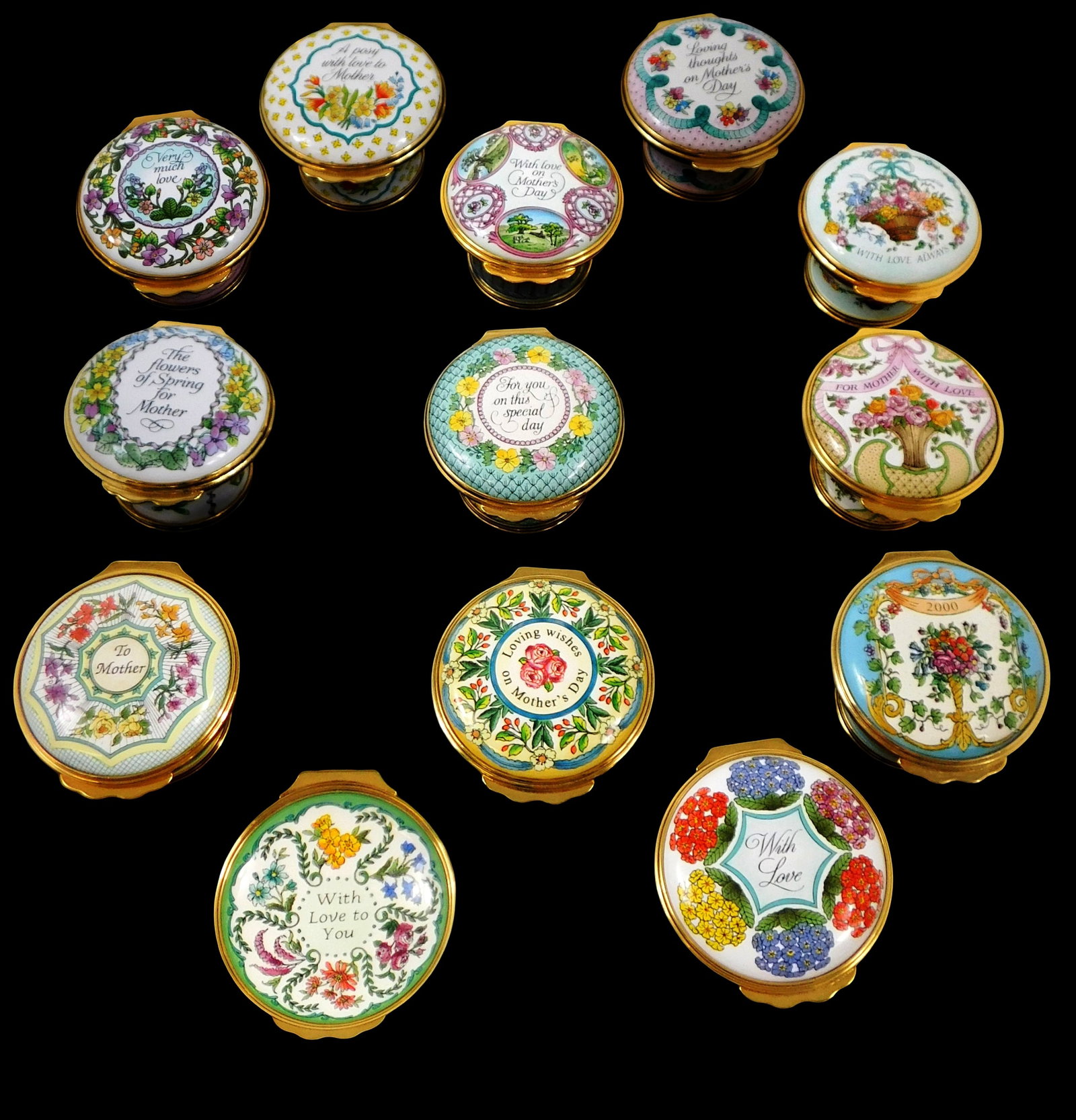 Thirteen Halcyon Days annual Mother’s Day enamel trinket boxes, 20th-21st C., England, including (1 of 3)