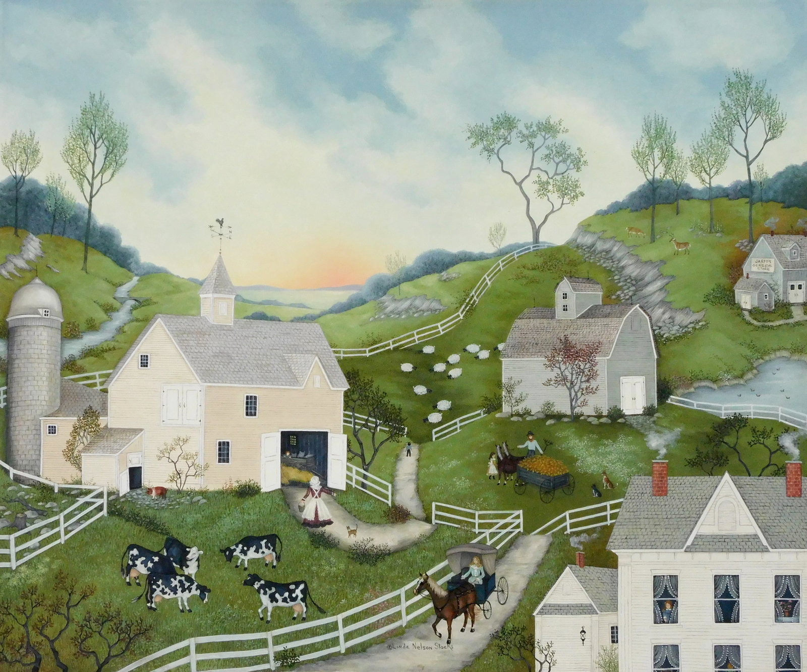 Linda Nelson Stocks (American, 1938-2011), “Hillside Farm?? 1990, oil on archival canvas, signed (1 of 4)