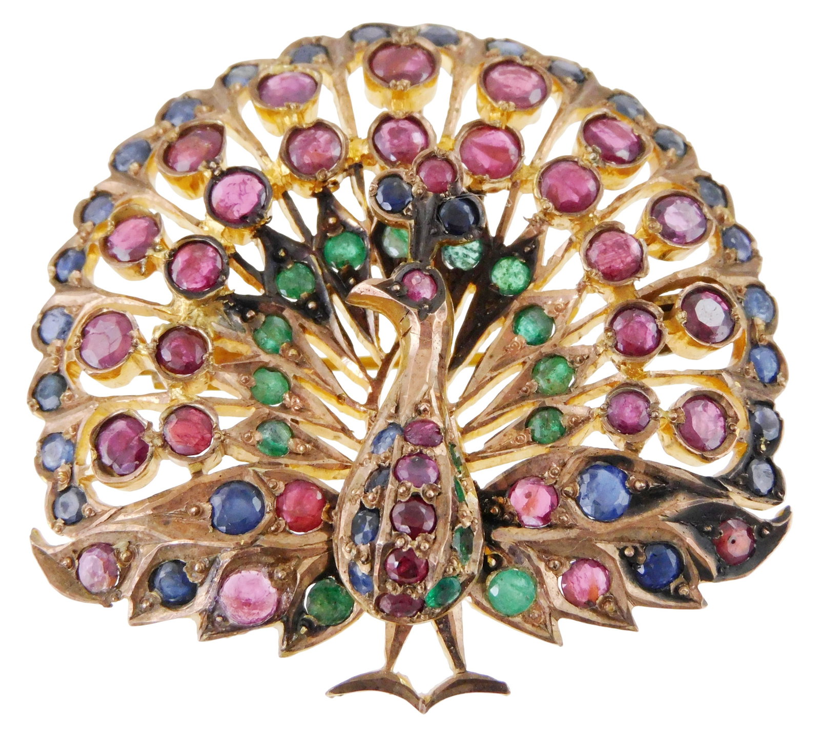JEWELRY: Vintage gem-set peacock brooch, 20th C., gems appearing to be Emerald, Ruby and Sapphires: JEWELRY: Vintage gem-set peacock brooch, 20th C., gems appearing to be Emerald, Ruby and Sapphires set in a gold-filled frame, pendant loop and bar pin verso, no maker's mark viewed, wear consistent w