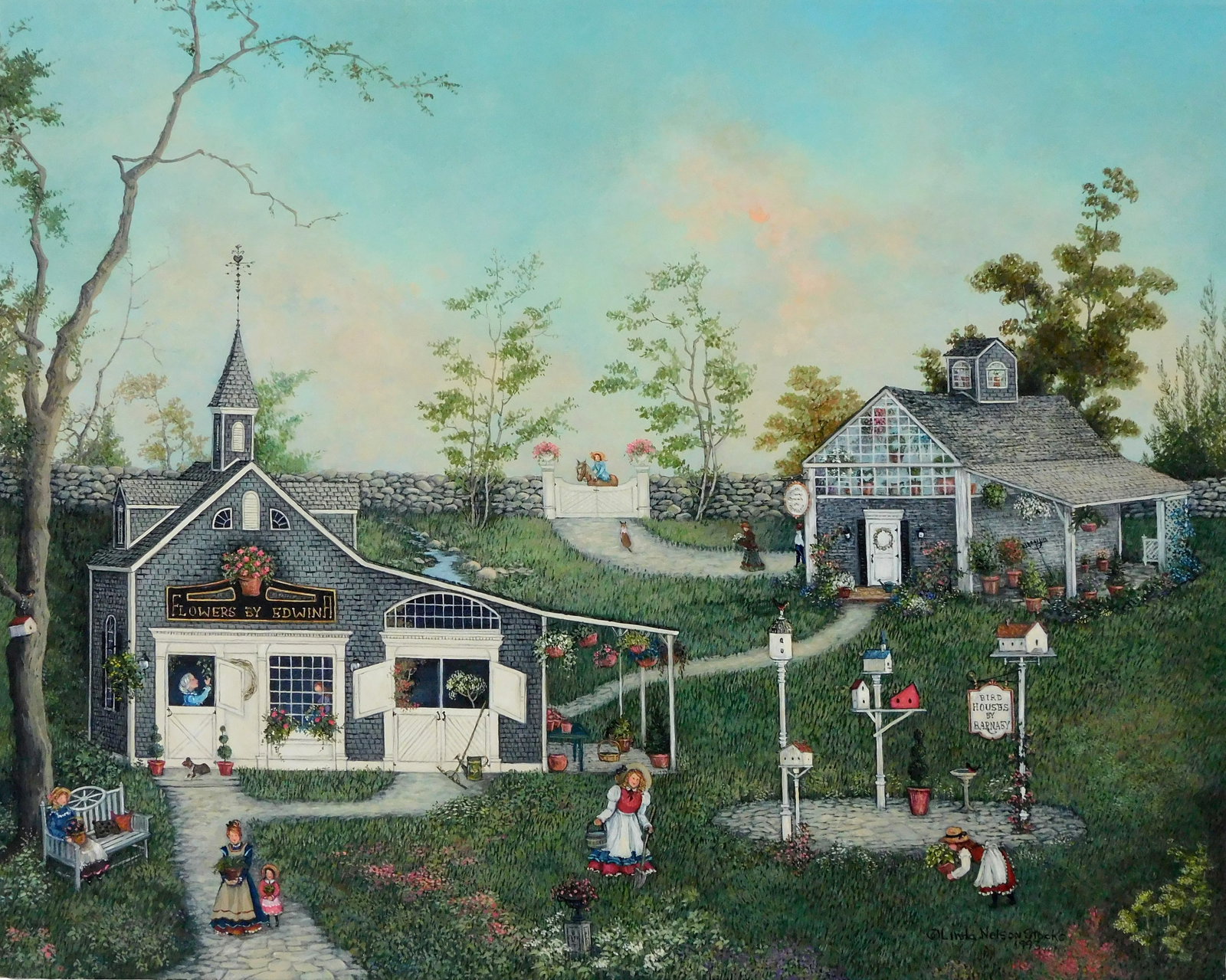 Linda Nelson Stocks (American, 1938-2011), “Flowers by Edwina??, 1993, oil on archival canvas,: Linda Nelson Stocks (American, 1938-2011), “Flowers by Edwina”, 1993, oil on archival canvas, signed and dated lower right, titled in pen verso, depicts New England style floral shop, "Flowers