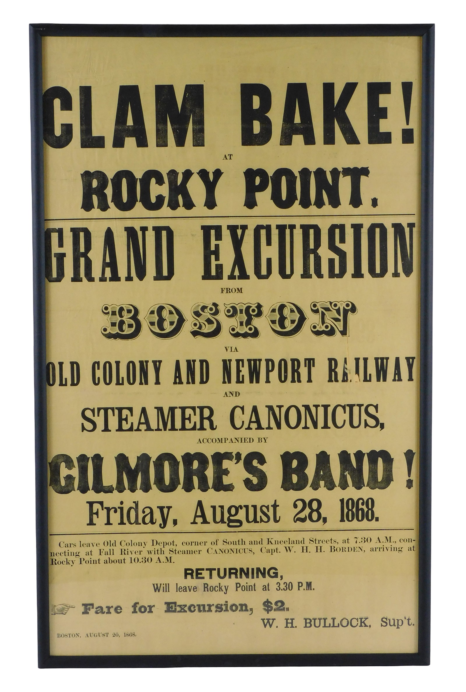 BROADSIDE: 1868 "Clambake at Rocky Point Grand Excursion" advertising poster/ broadside on thin (1 of 6)