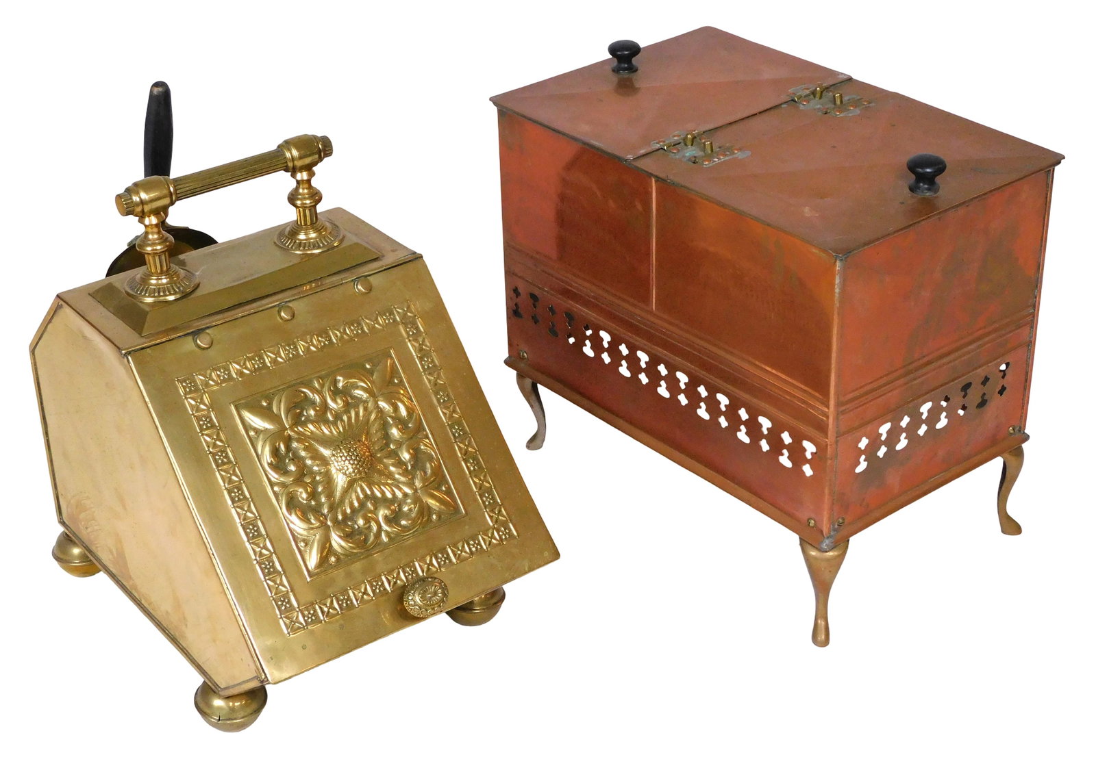 Brass Aesthetic Movement coal hod and copper warmer, late 19th-early 20th C., coal hod with hinged (1 of 7)