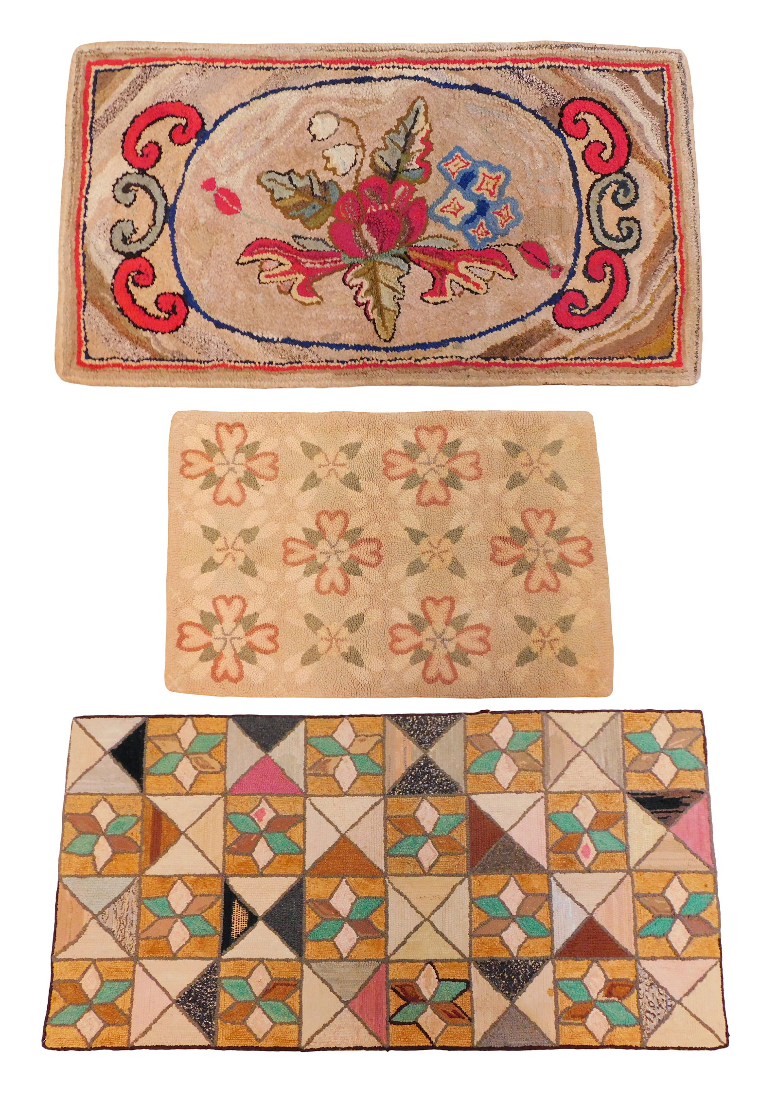 RUGS: Three hooked rugs, 19th/ 20th C., including: American Victorian hooked rug with a floral (1 of 9)