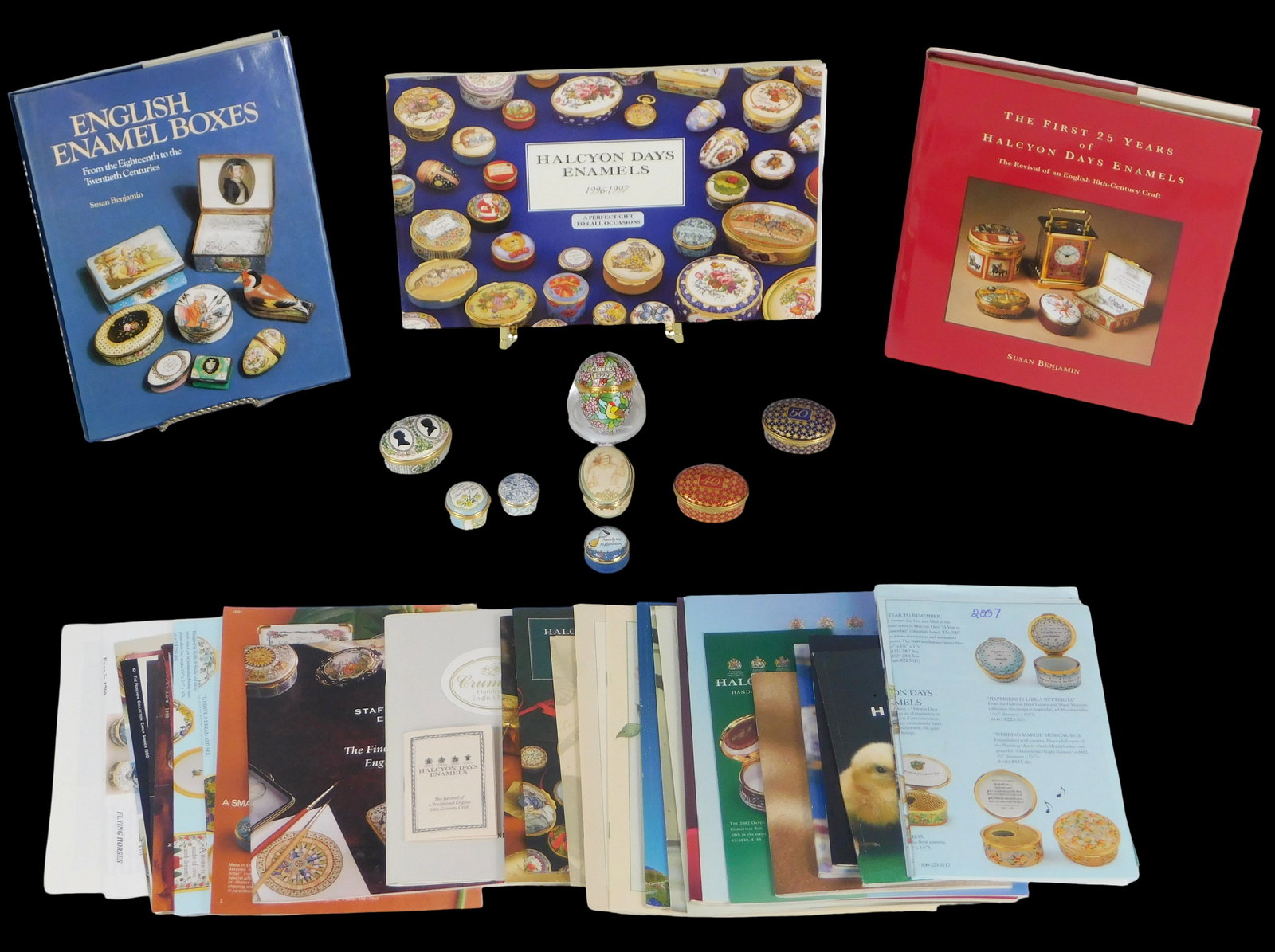Eight enamel trinket boxes and collection of collecting books and catalogs, Halcyon Days, Crummles, (1 of 4)