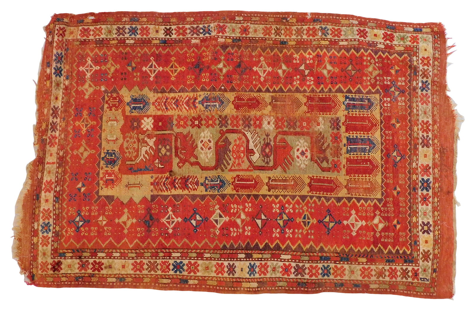 RUG: Antique Turkish scatter rug, 4' 8" x 3' 2", wool on wool, unusual center design, tan ground, (1 of 5)