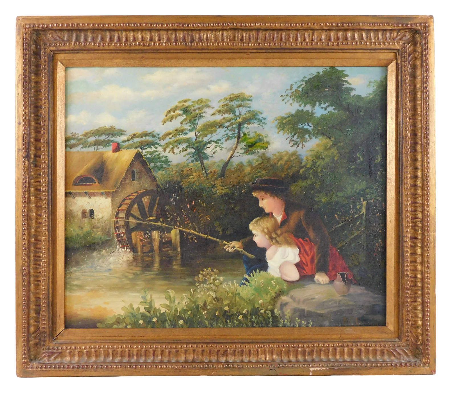 Late 18th-19th C. painting of two children fishing, oil on canvas, two children fish with bamboo rod (1 of 5)