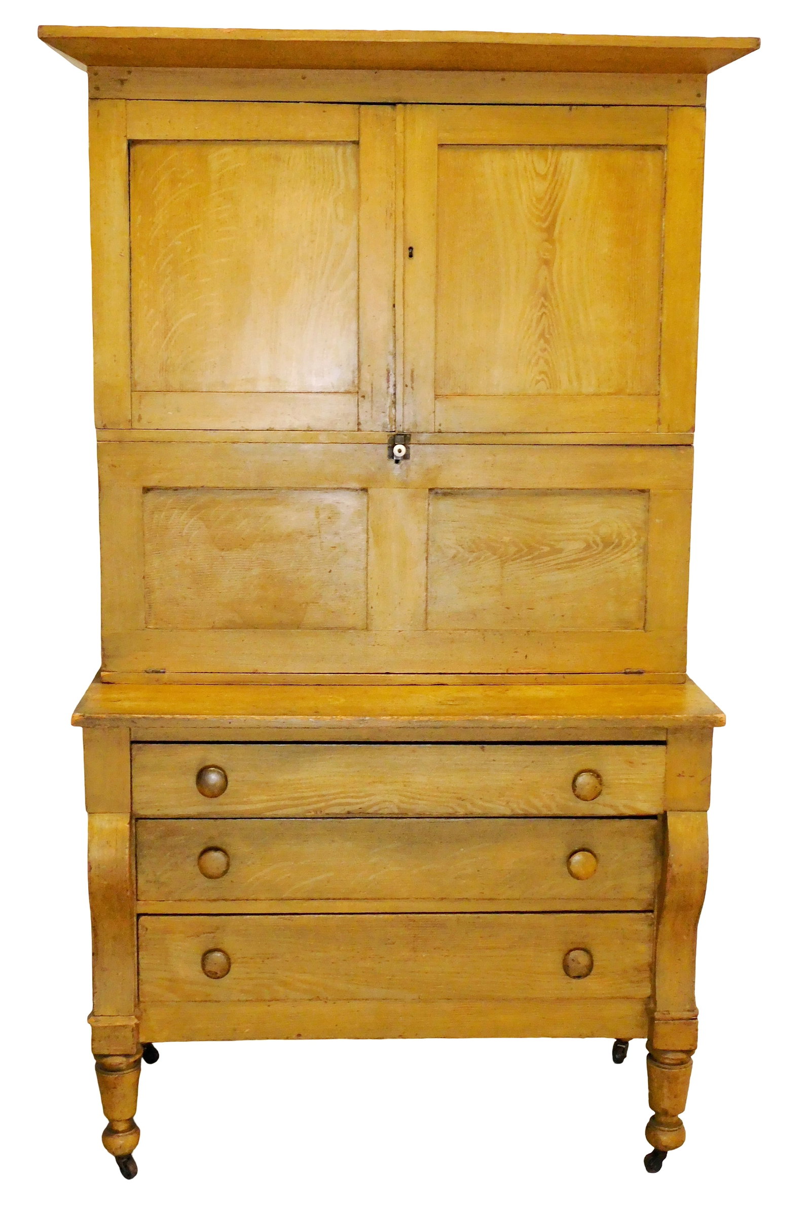 Secretary desk, American, c. 1840, Empire Period, bracket crest molding over two cupboard doors (1 of 5)
