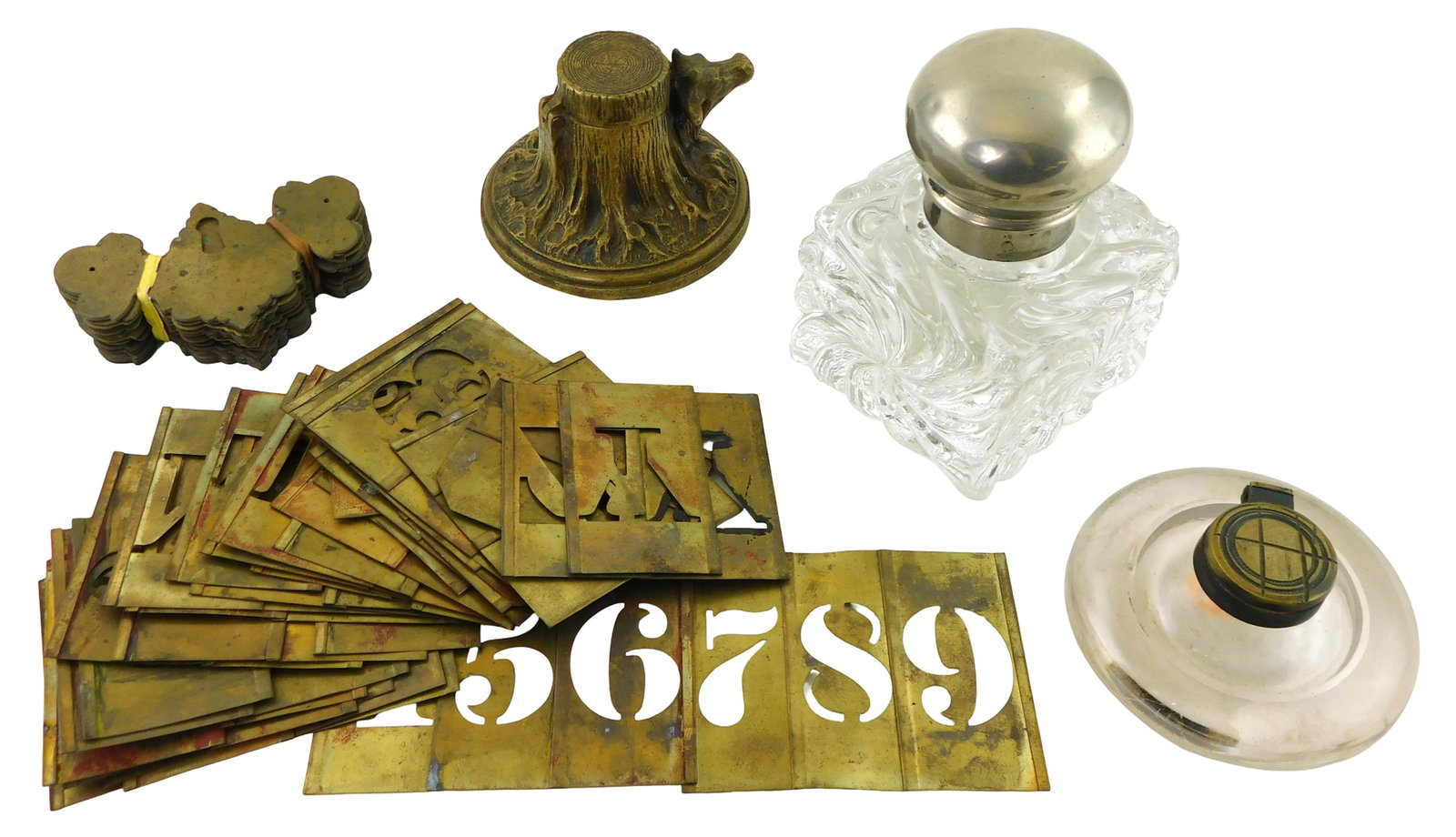 Three inkwells and 45+ pieces of brass, including: monumental glass inkwell with silvered hinge cap, (1 of 3)