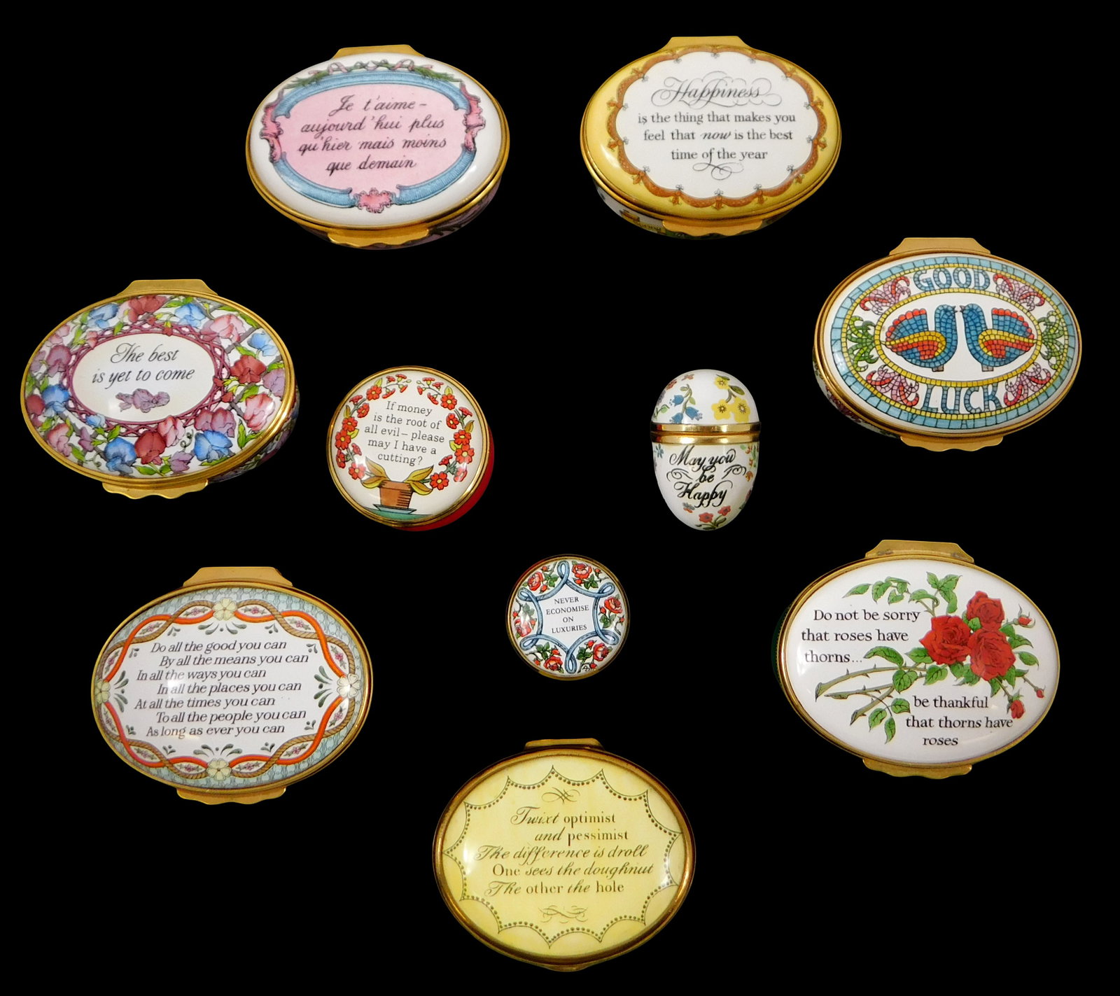 Ten enamel trinket boxes, all with phrases, Halcyon Days, Bilston and Battersea, and Cartier, 20th (1 of 4)