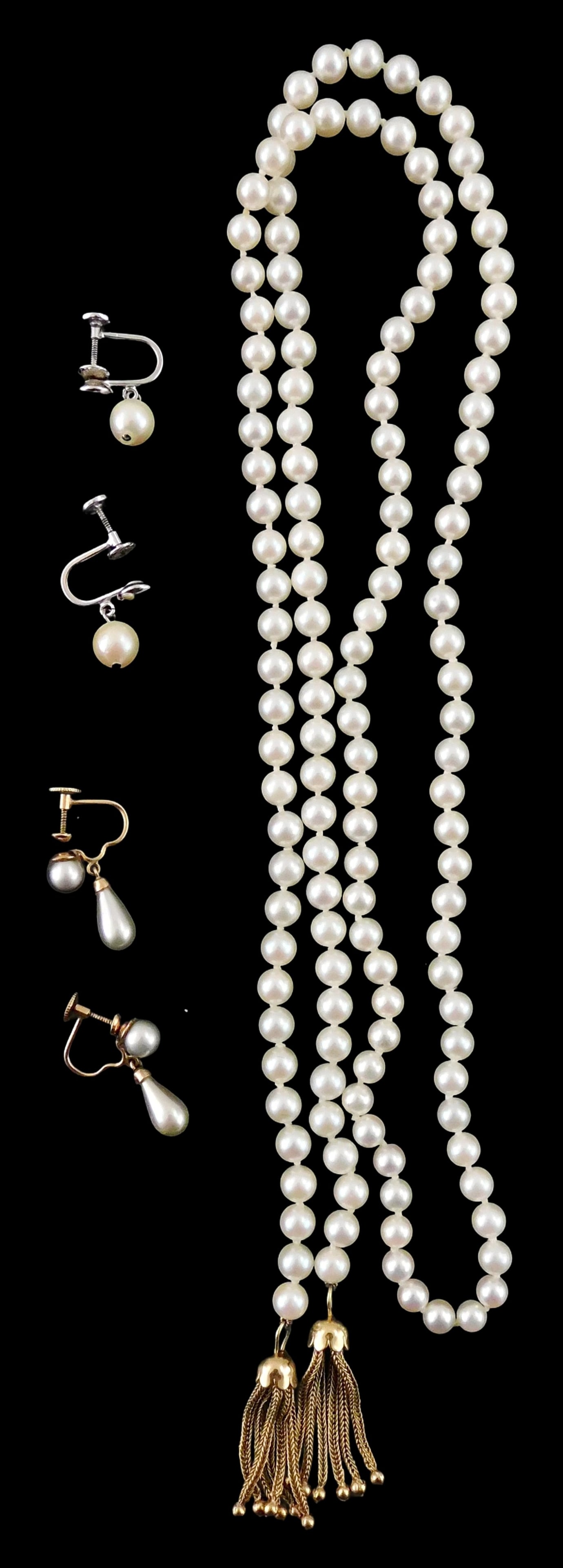 JEWELRY: 14K and freshwater pearl necklace and two pairs of screw-back earrings: single strand (1 of 3)
