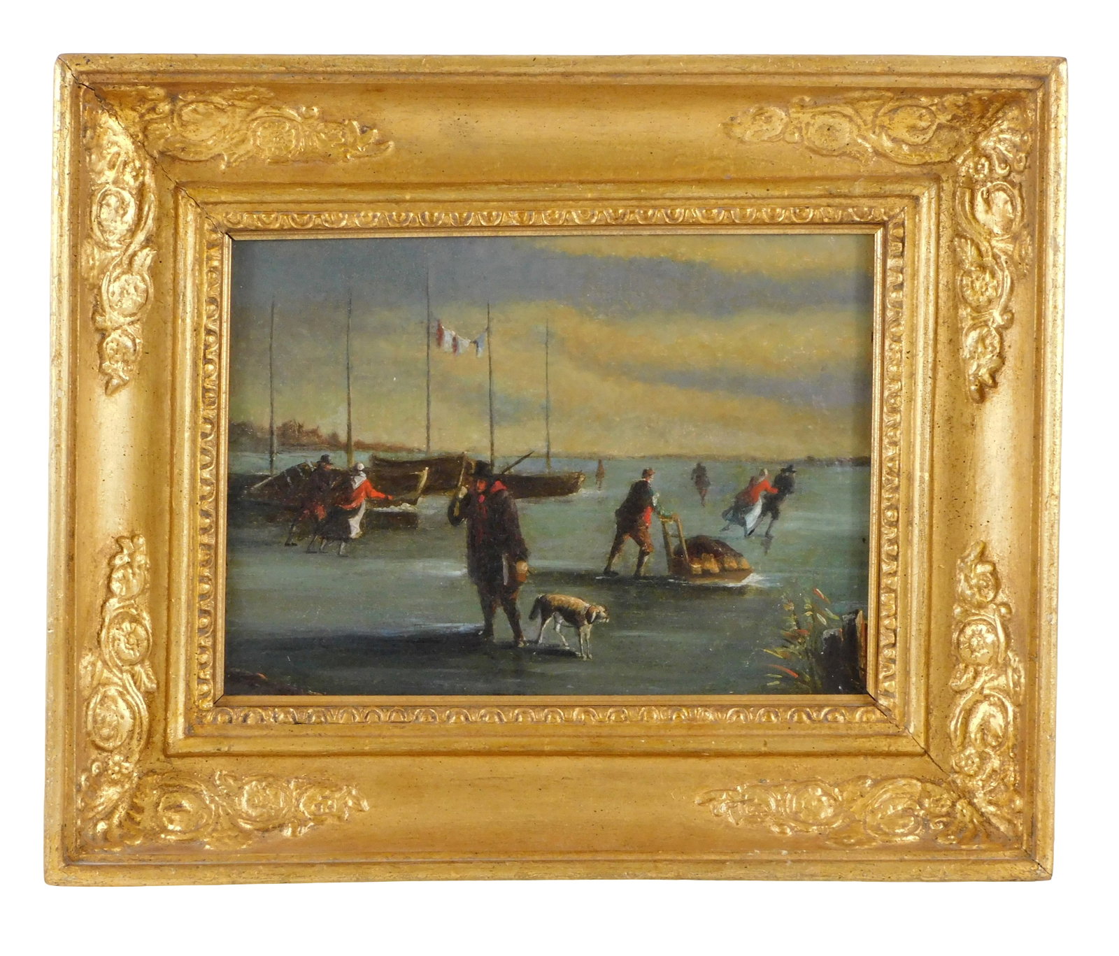 19th C. harbor skating scene, oil on canvas laid down on wood panel, figures skating on frozen body (1 of 3)