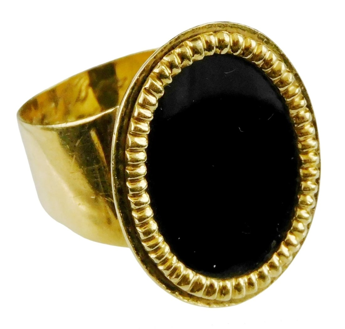 JEWELRY: 18K Yellow gold and onyx ladies ring, tested and stamped, oval inset stone with beaded (1 of 5)