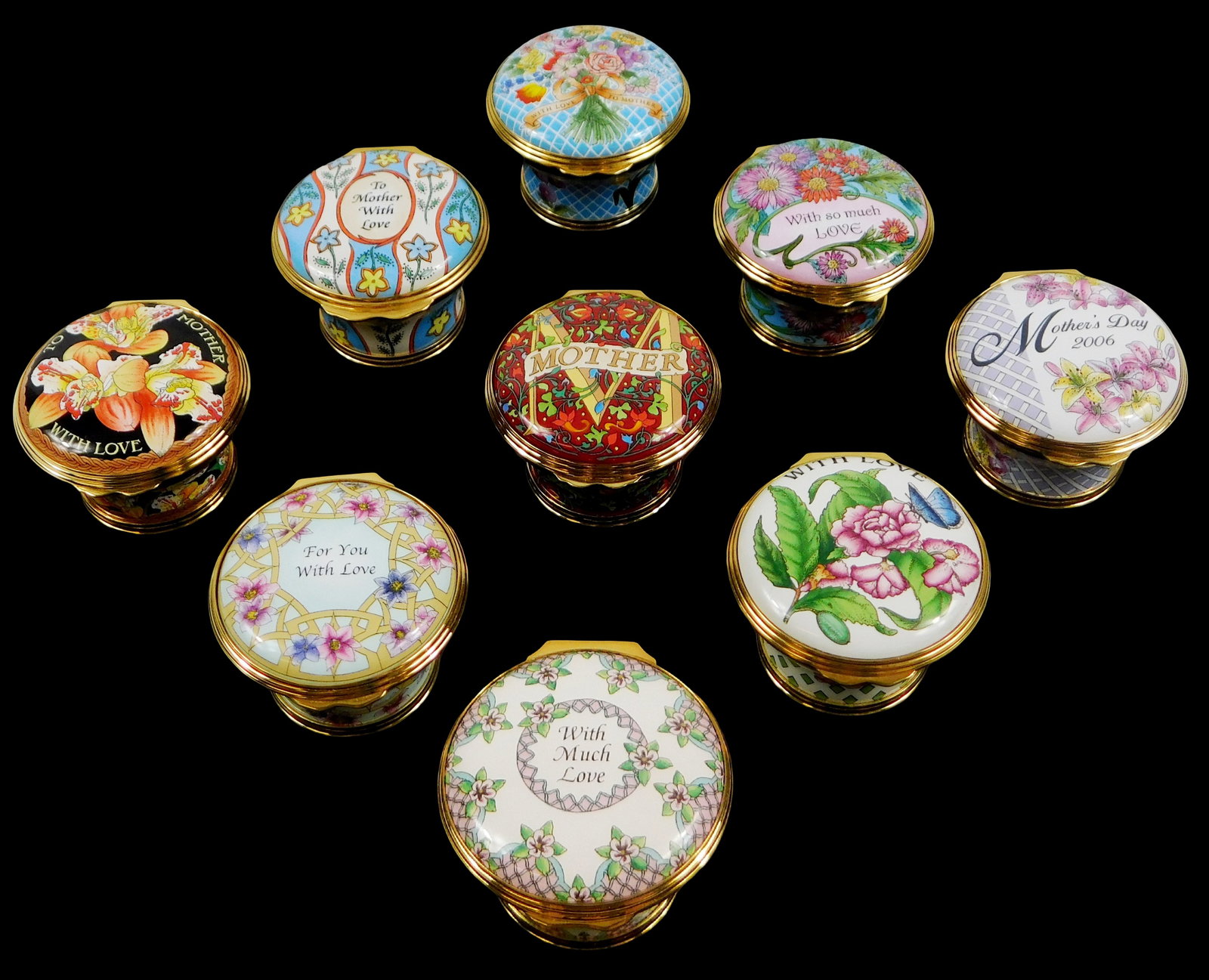 Nine Halcyon Days annual Mother’s Day enamel trinket boxes, 21st C., England, including the years (1 of 4)