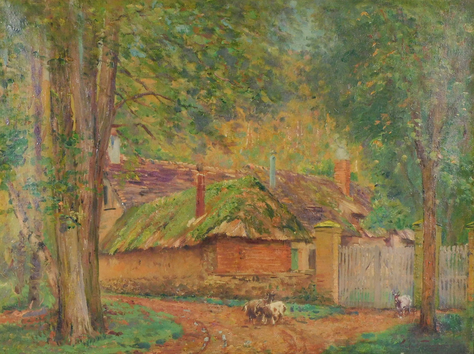 Post-Impressionistic landscape scene, late 19th-early 20th C., goats near gate, dirt path in front (1 of 5)