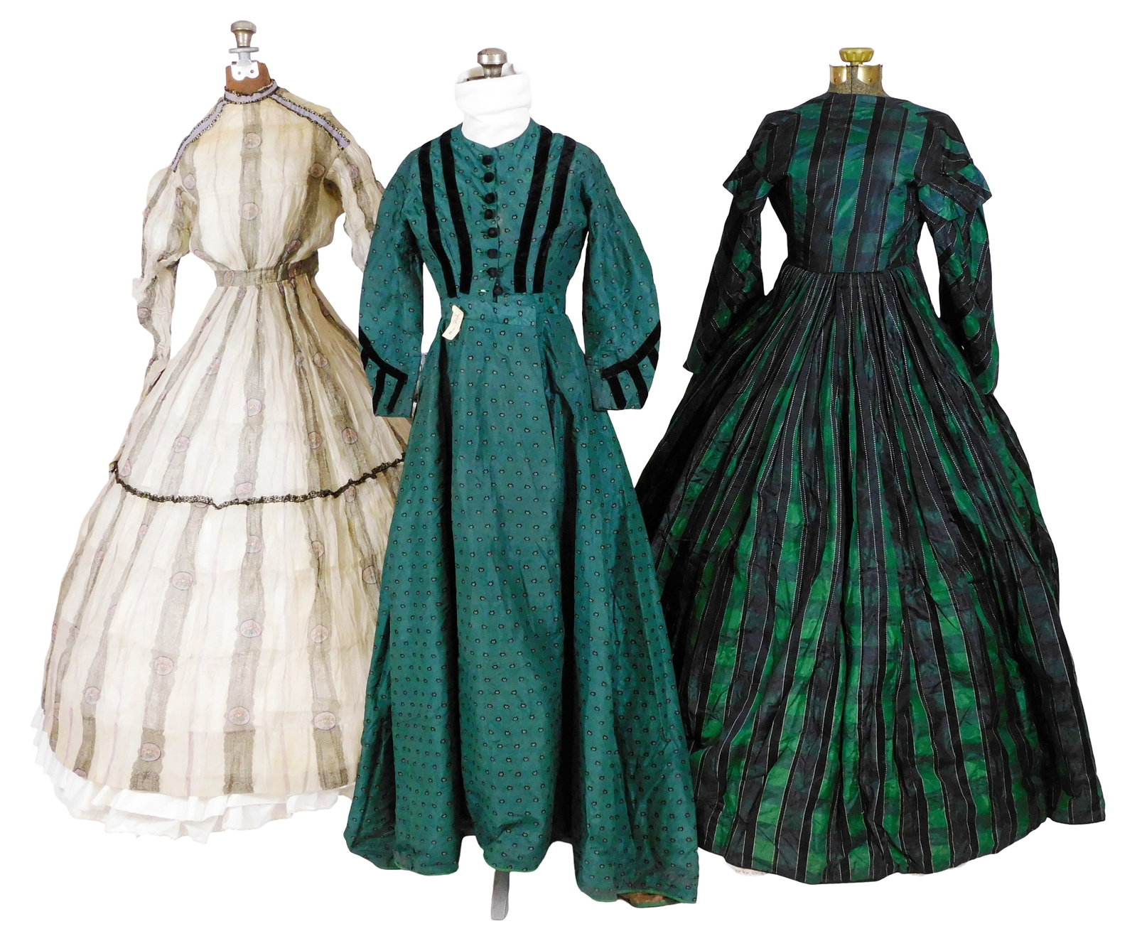 ANTIQUE TEXTILES: Three gowns c. 1840s-60s, including: green tartan taffeta dress once belonging to (1 of 7)