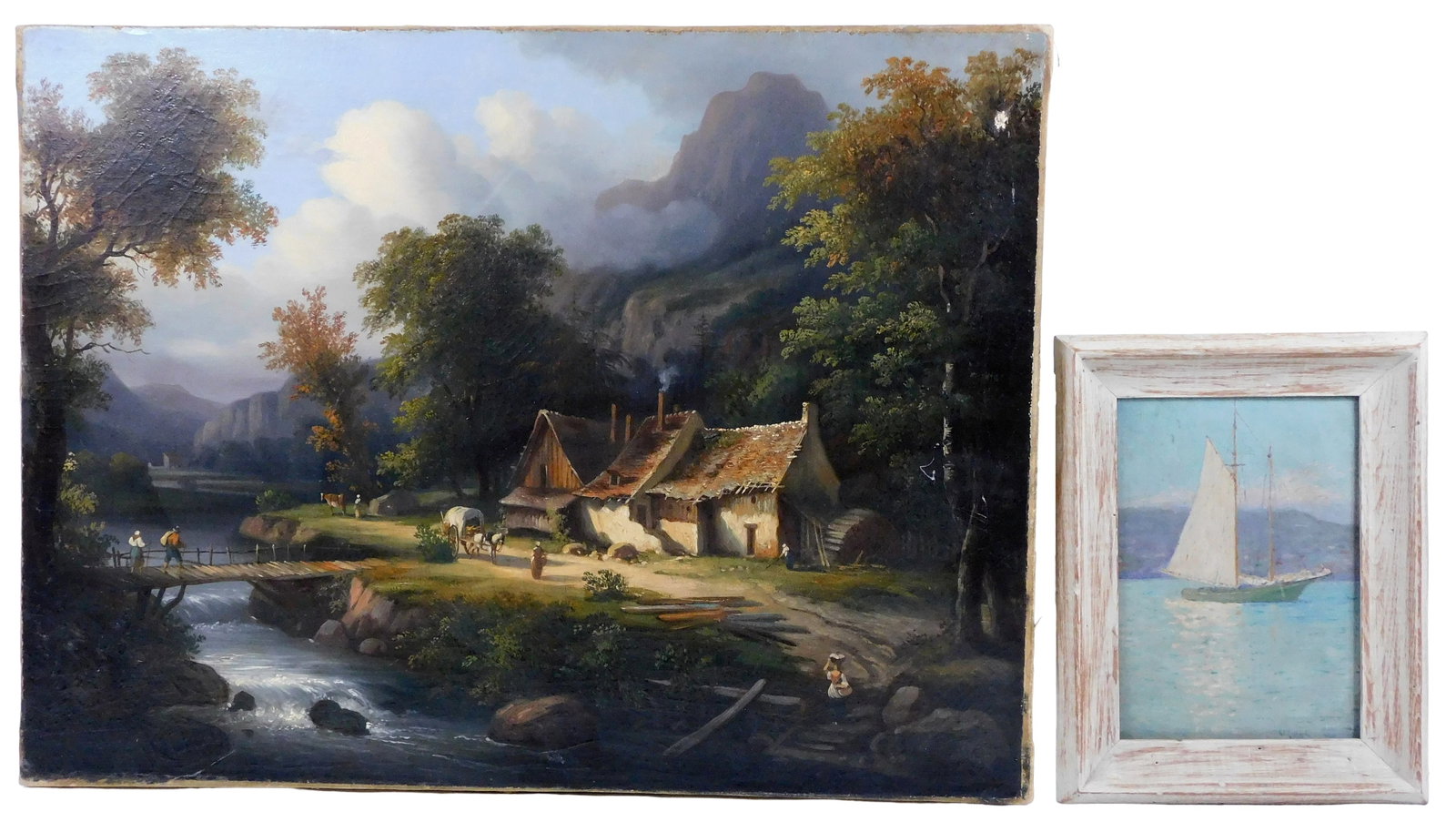 Two 19th C. oils, the first a landscape on canvas, unframed, pastoral landscape with homestead by (1 of 5)