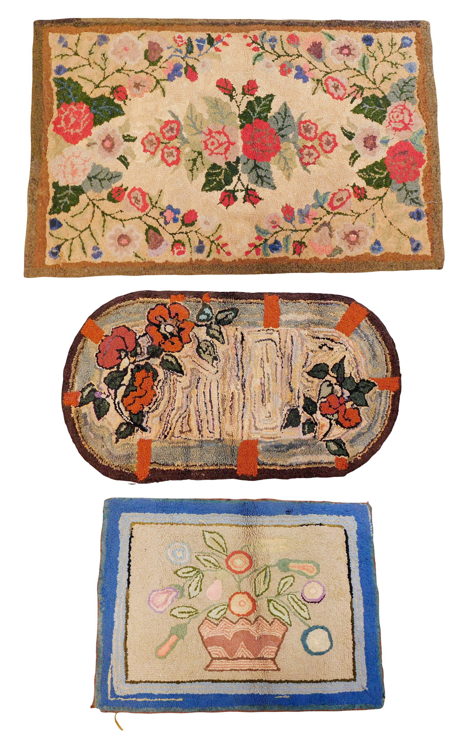 Three vintage hooked rugs, all featuring floral designs, including: rectangular rose garden design (1 of 7)