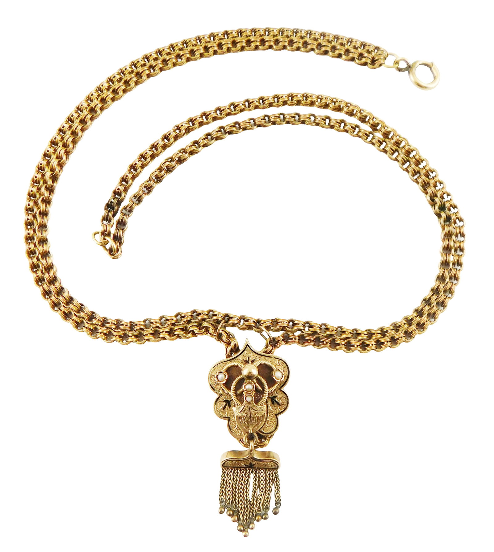 JEWELRY: 10K Etruscan Revival pendant necklace, tested, lobed pendant with raised wirework, inset (1 of 4)