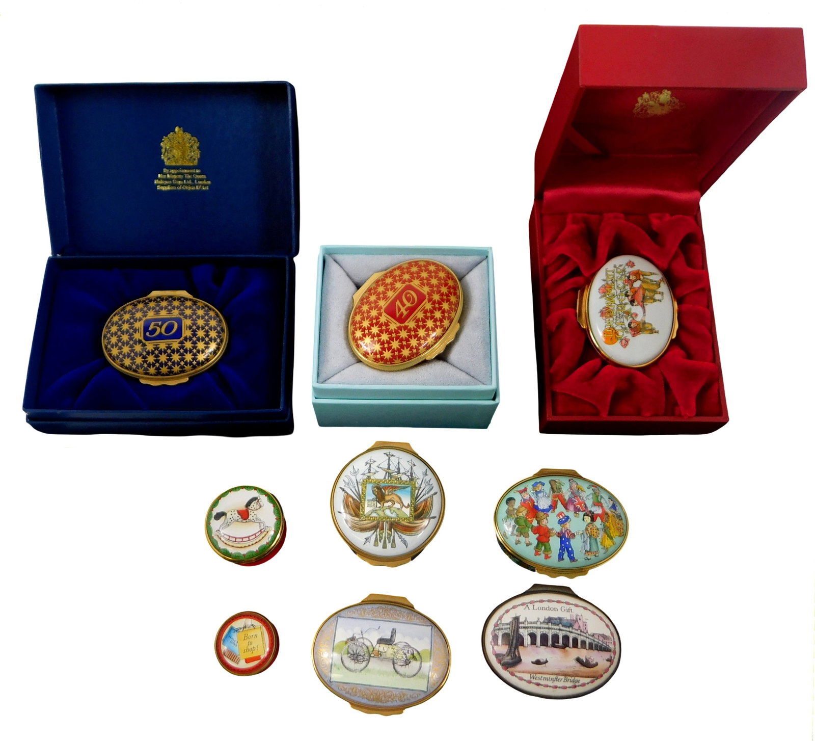Nine Halcyon Days enamel trinket boxes, 20th C., England, including: “40?? and “50?? boxes, (1 of 4)